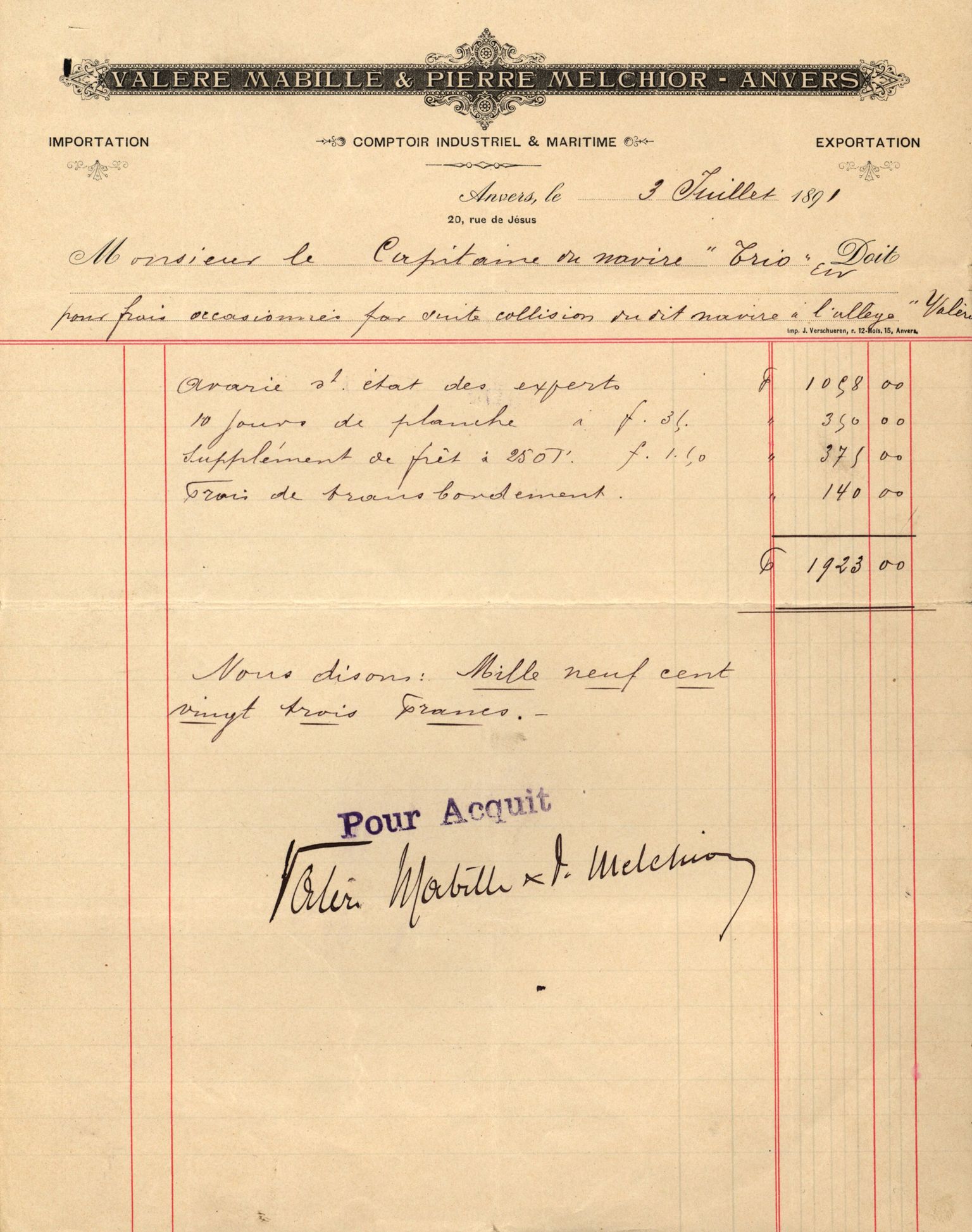 Pa 63 - Østlandske skibsassuranceforening, VEMU/A-1079/G/Ga/L0027/0006: Havaridokumenter / Union, Trio, Einar, Eidsvold, Emma, Svalen, 1891, s. 24