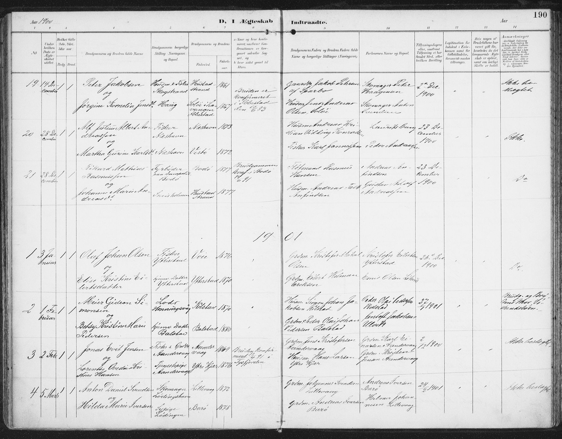 Ministerialprotokoller, klokkerbøker og fødselsregistre - Nordland, AV/SAT-A-1459/872/L1036: Ministerialbok nr. 872A11, 1897-1913, s. 190