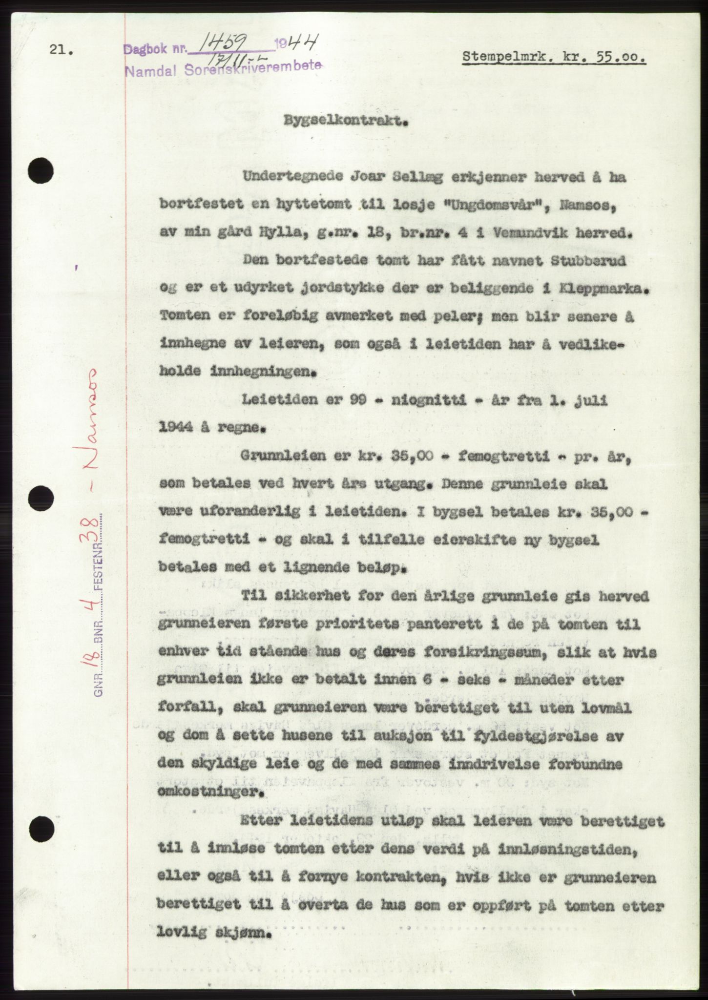 Namdal sorenskriveri, SAT/A-4133/1/2/2C: Pantebok nr. -, 1944-1945, Dagboknr: 1459/1944