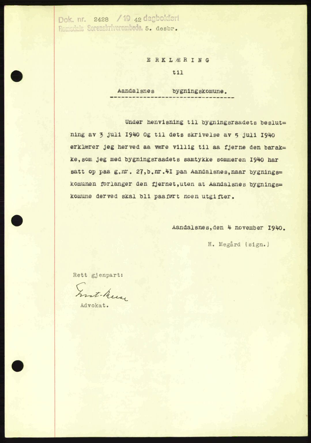 Romsdal sorenskriveri, SAT/A-4149/1/2/2C: Pantebok nr. B2, 1939-1945, Dagboknr: 2428/1942