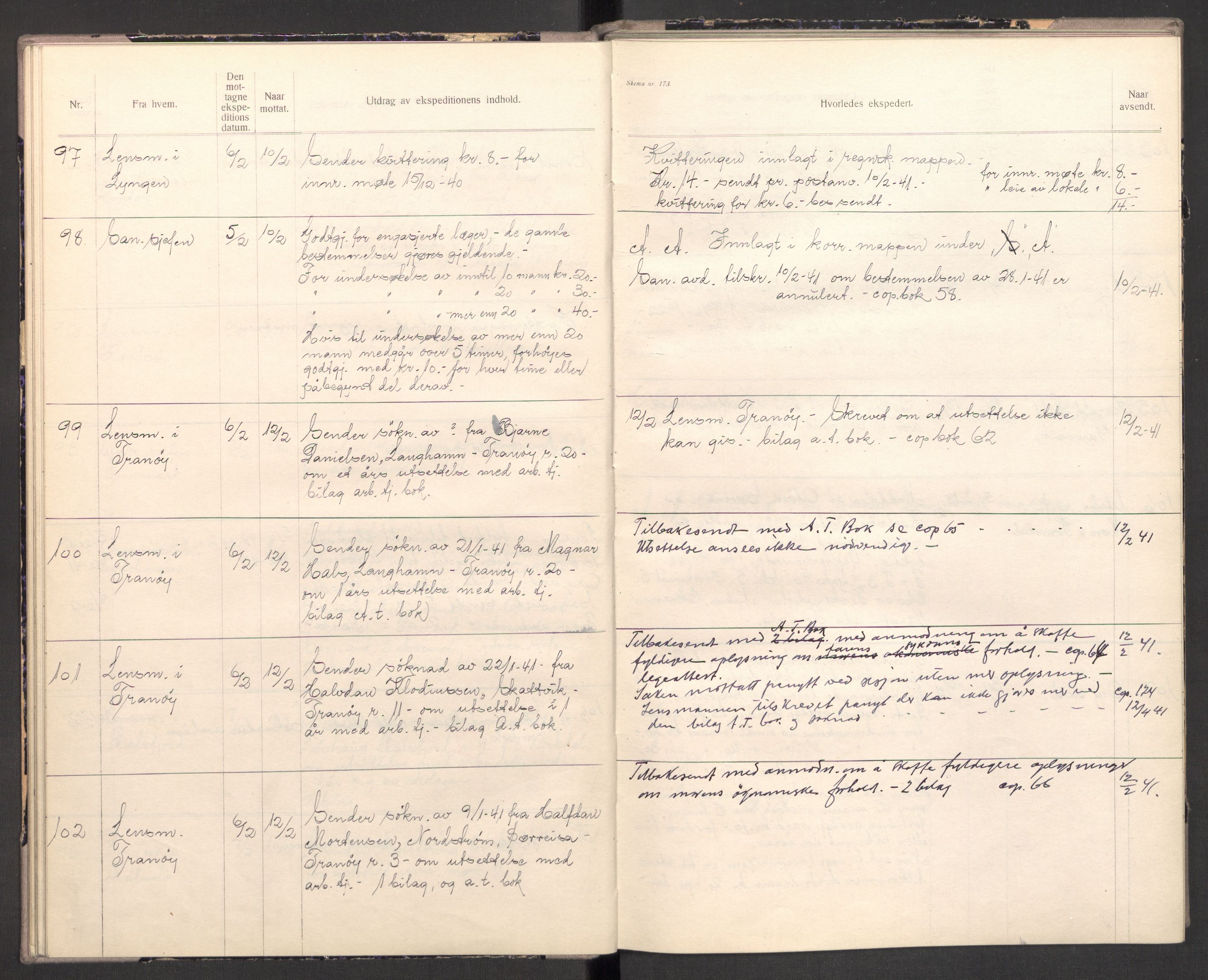 Norges arbeidstjeneste, AV/RA-S-5014/C/Ca/L0001: Journal for utskrivning Nordland og Troms, 1940-1942, s. 35