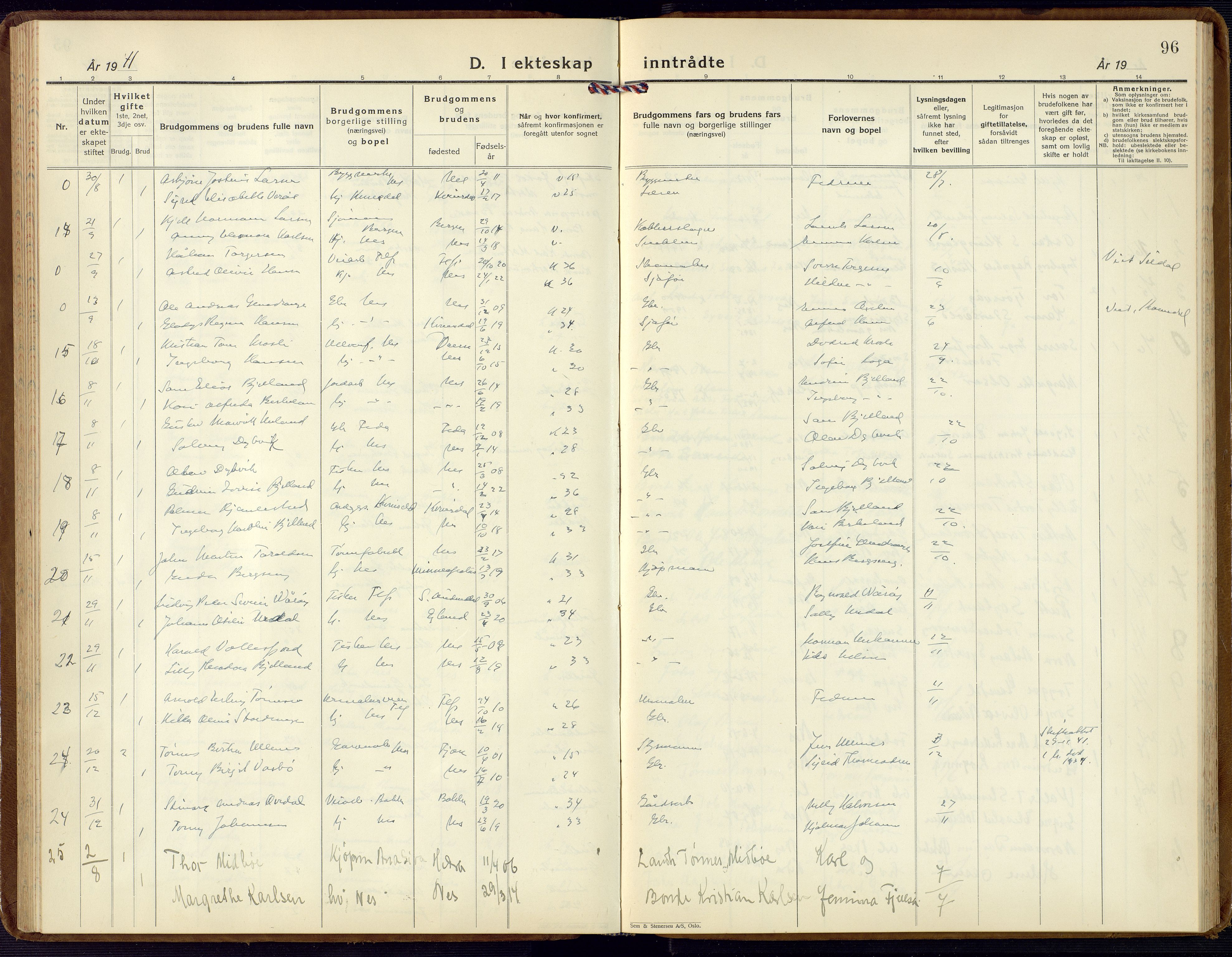 Flekkefjord sokneprestkontor, AV/SAK-1111-0012/F/Fb/Fbc/L0009: Klokkerbok nr. B 9, 1932-1965, s. 96