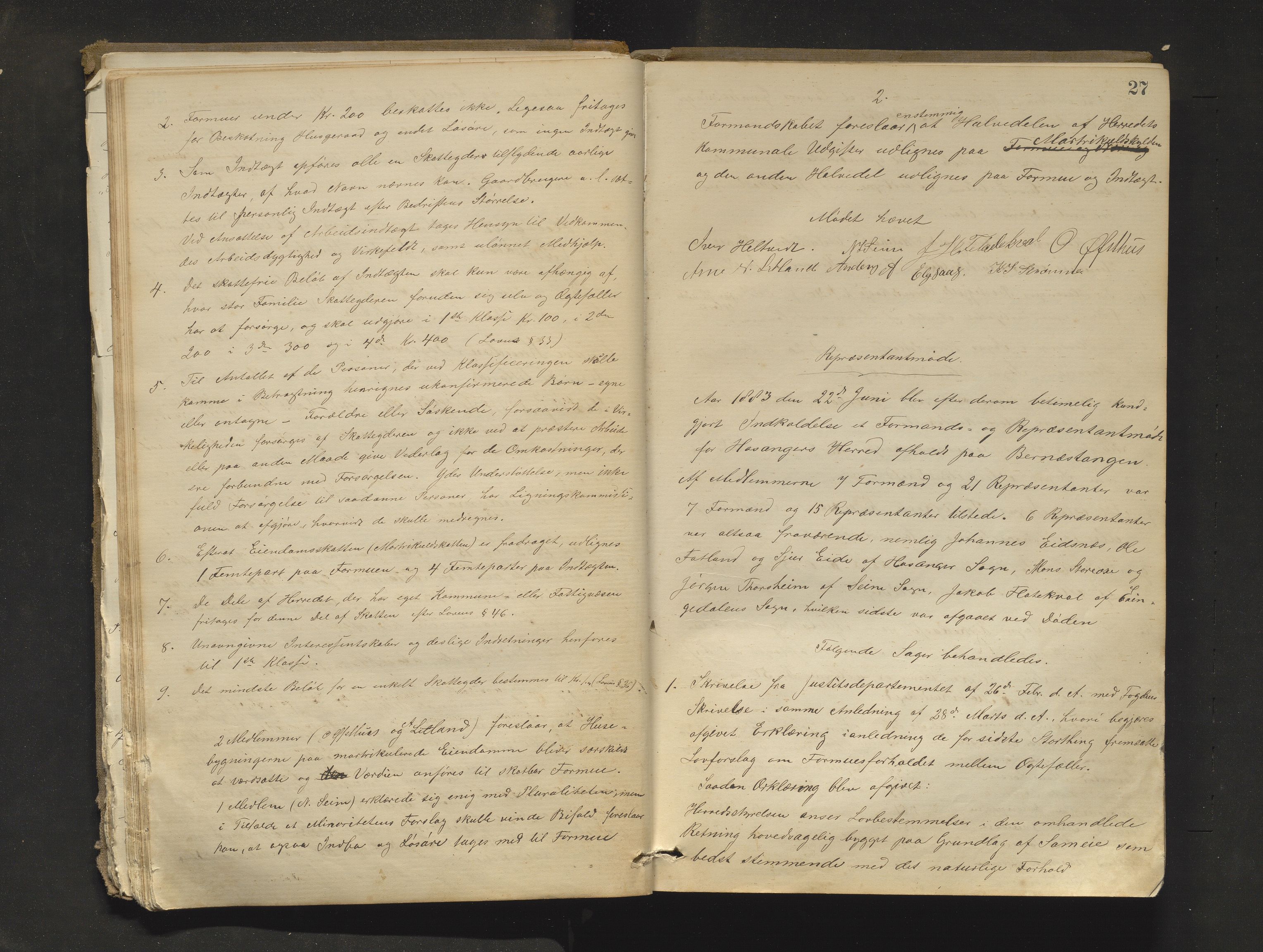 Hosanger kommune. Formannskapet, IKAH/1253a-021/A/Aa/L0003: Møtebok for formannskap, heradstyre og Hosanger soknestyre, 1881-1893, s. 27