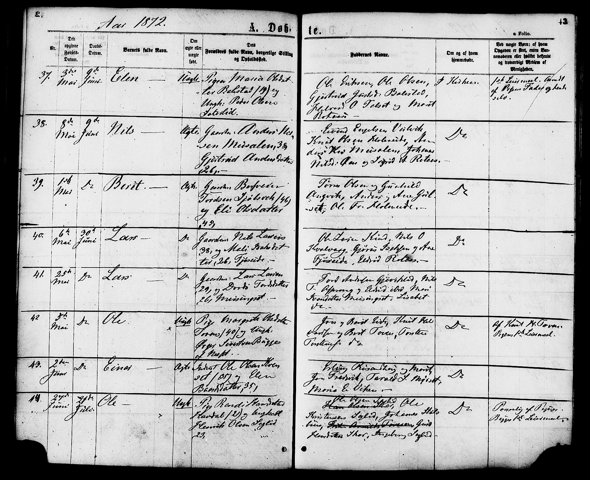 Ministerialprotokoller, klokkerbøker og fødselsregistre - Møre og Romsdal, AV/SAT-A-1454/586/L0986: Ministerialbok nr. 586A12, 1867-1878, s. 43