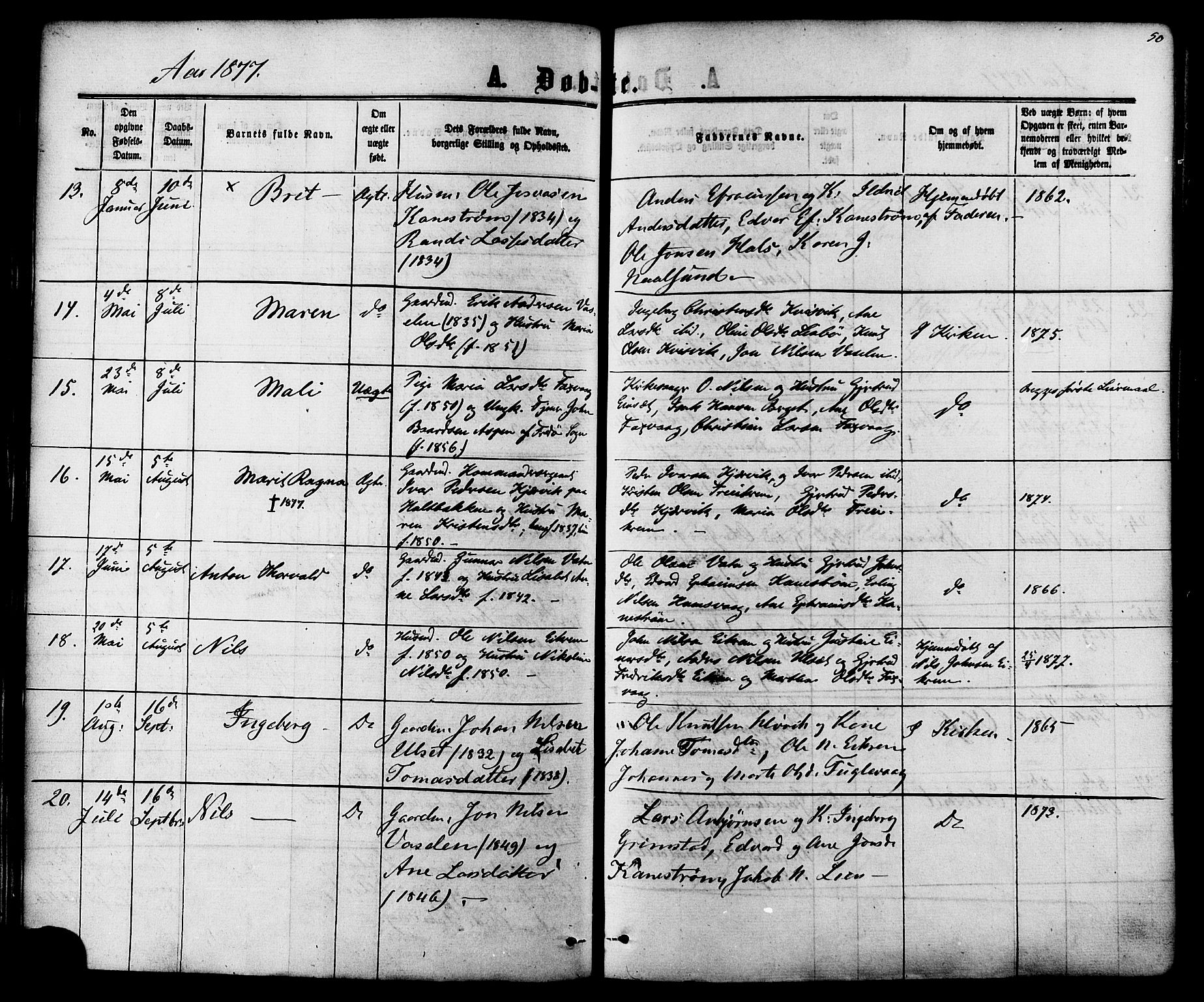 Ministerialprotokoller, klokkerbøker og fødselsregistre - Møre og Romsdal, AV/SAT-A-1454/587/L0999: Ministerialbok nr. 587A01, 1864-1886, s. 50