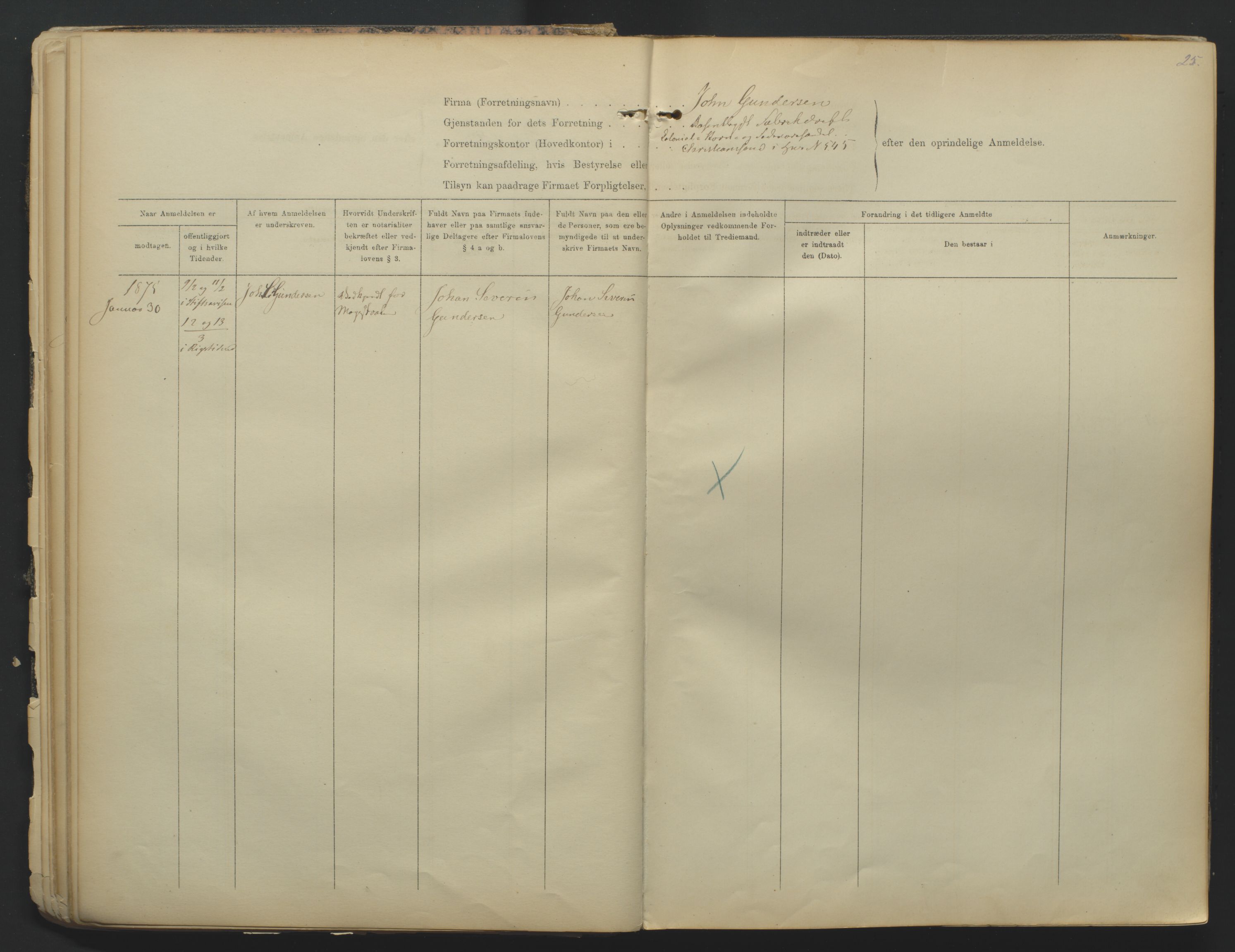 Kristiansand byrett, SAK/1223-0001/K/Kb/L0001: Firmaregister A, med register, 1874-1890, s. 25