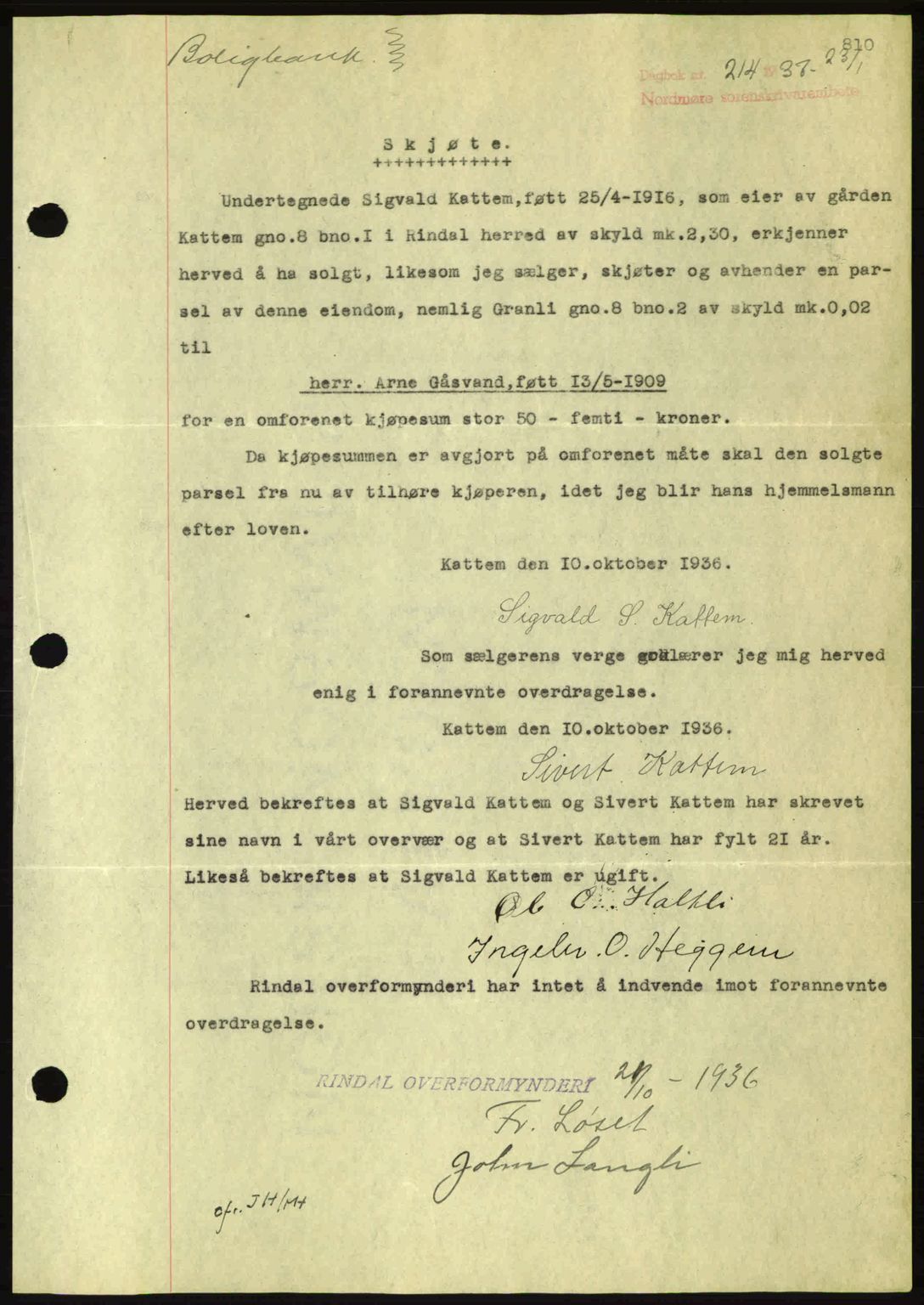 Nordmøre sorenskriveri, SAT/A-4132/1/2/2Ca: Pantebok nr. A80, 1936-1937, Dagboknr: 214/1937