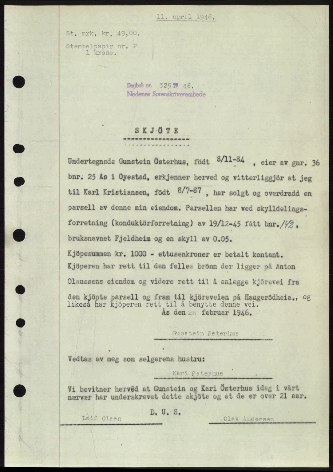 Nedenes sorenskriveri, SAK/1221-0006/G/Gb/Gba/L0054: Pantebok nr. A6c, 1946-1946, Dagboknr: 325/1946