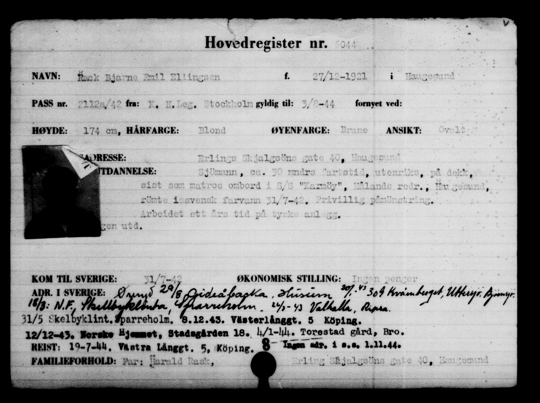 Den Kgl. Norske Legasjons Flyktningskontor, AV/RA-S-6753/V/Va/L0004: Kjesäterkartoteket.  Flyktningenr. 3496-6610, 1940-1945, s. 2983