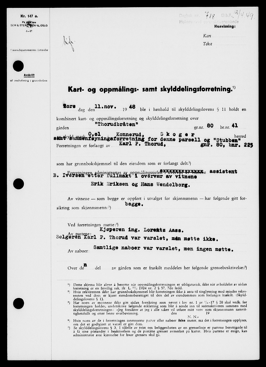 Holmestrand sorenskriveri, SAKO/A-67/G/Ga/Gaa/L0066: Pantebok nr. A-66, 1949-1949, Dagboknr: 718/1949