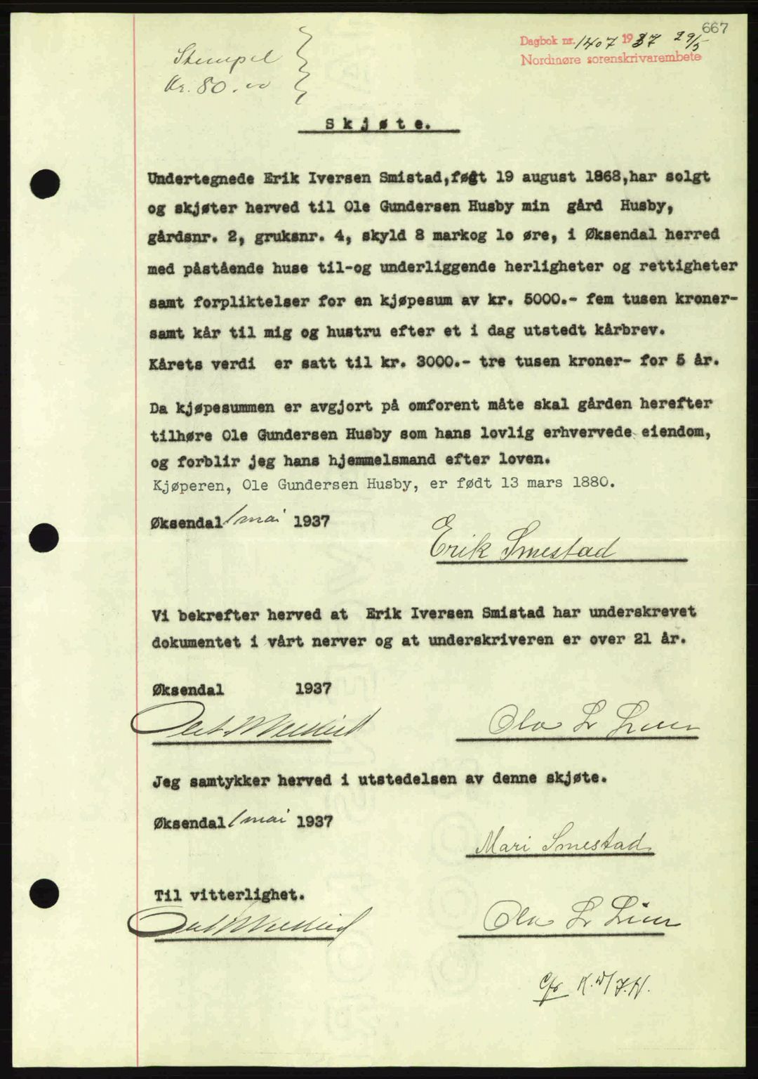 Nordmøre sorenskriveri, SAT/A-4132/1/2/2Ca: Pantebok nr. A81, 1937-1937, Dagboknr: 1407/1937