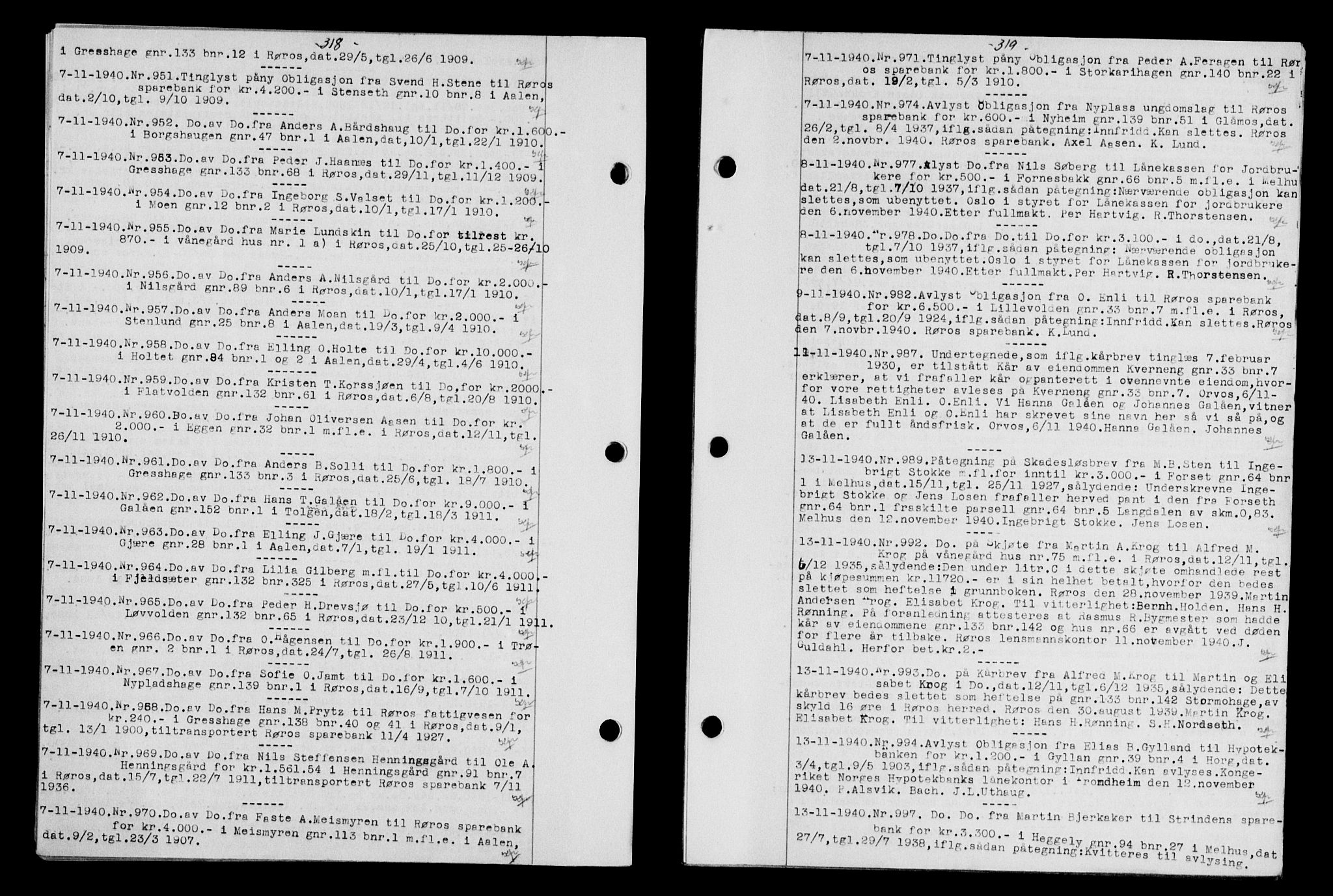 Gauldal sorenskriveri, SAT/A-0014/1/2/2C/L0052: Pantebok nr. 57, 1940-1941, Dagboknr: 951/1940