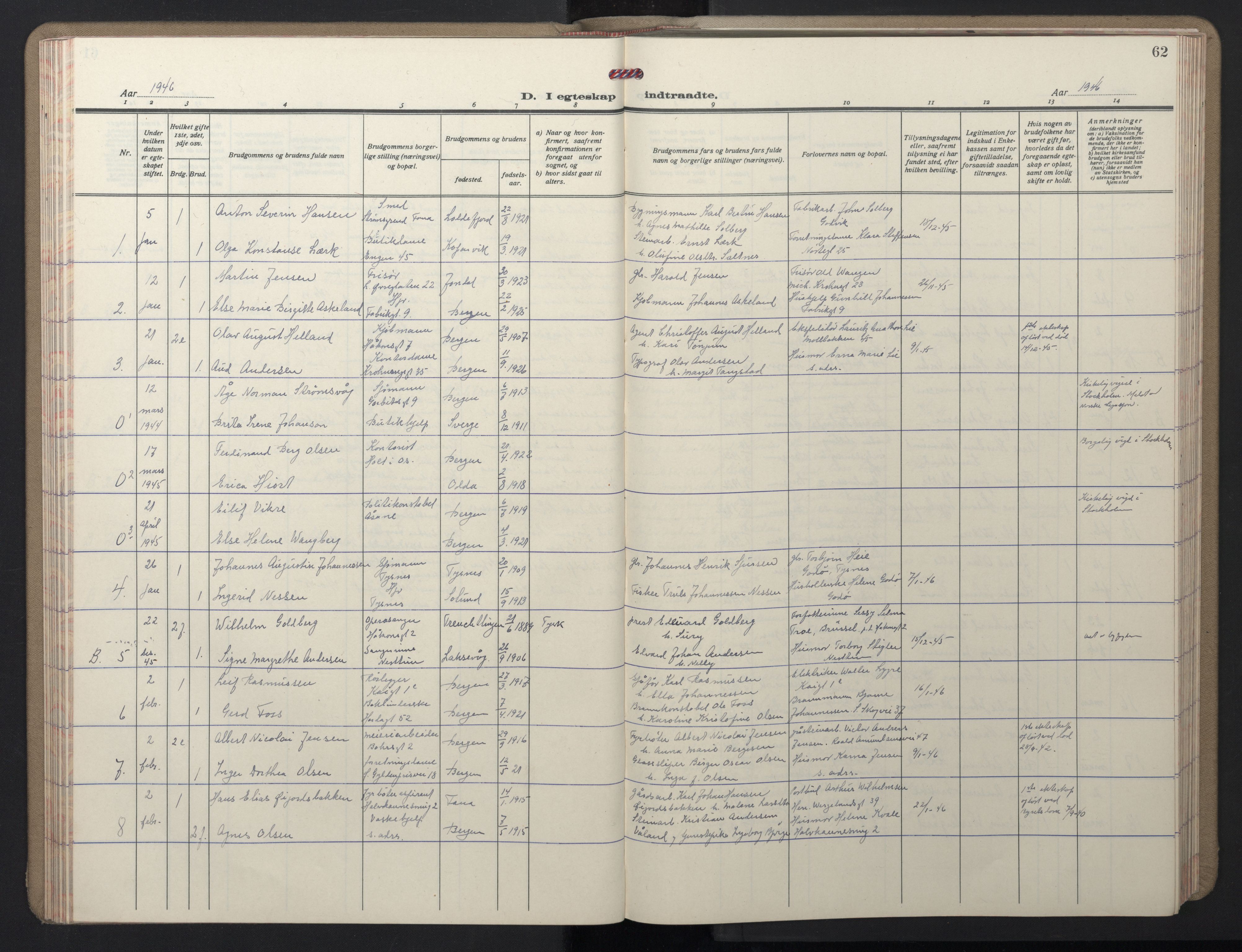Domkirken sokneprestembete, AV/SAB-A-74801/H/Hab/L0035: Klokkerbok nr. D 7, 1941-1953, s. 62