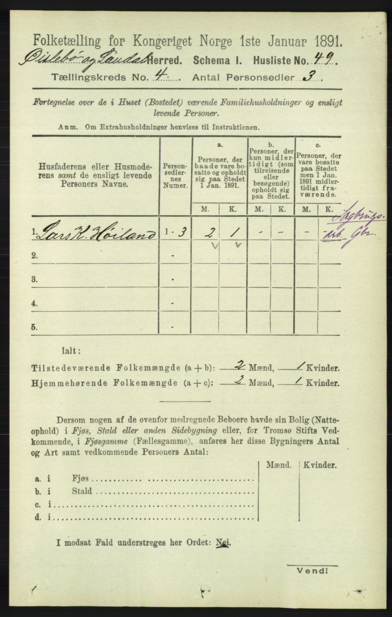 RA, Folketelling 1891 for 1021 Øyslebø og Laudal herred, 1891, s. 999