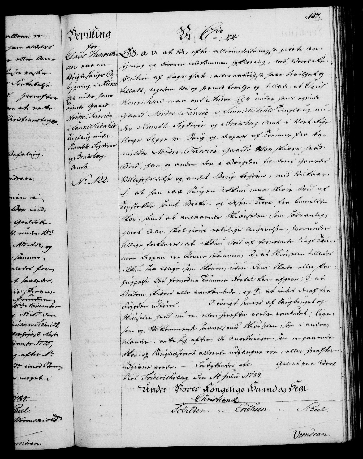 Rentekammeret, Kammerkanselliet, RA/EA-3111/G/Gg/Gga/L0013: Norsk ekspedisjonsprotokoll med register (merket RK 53.13), 1784-1787, s. 127