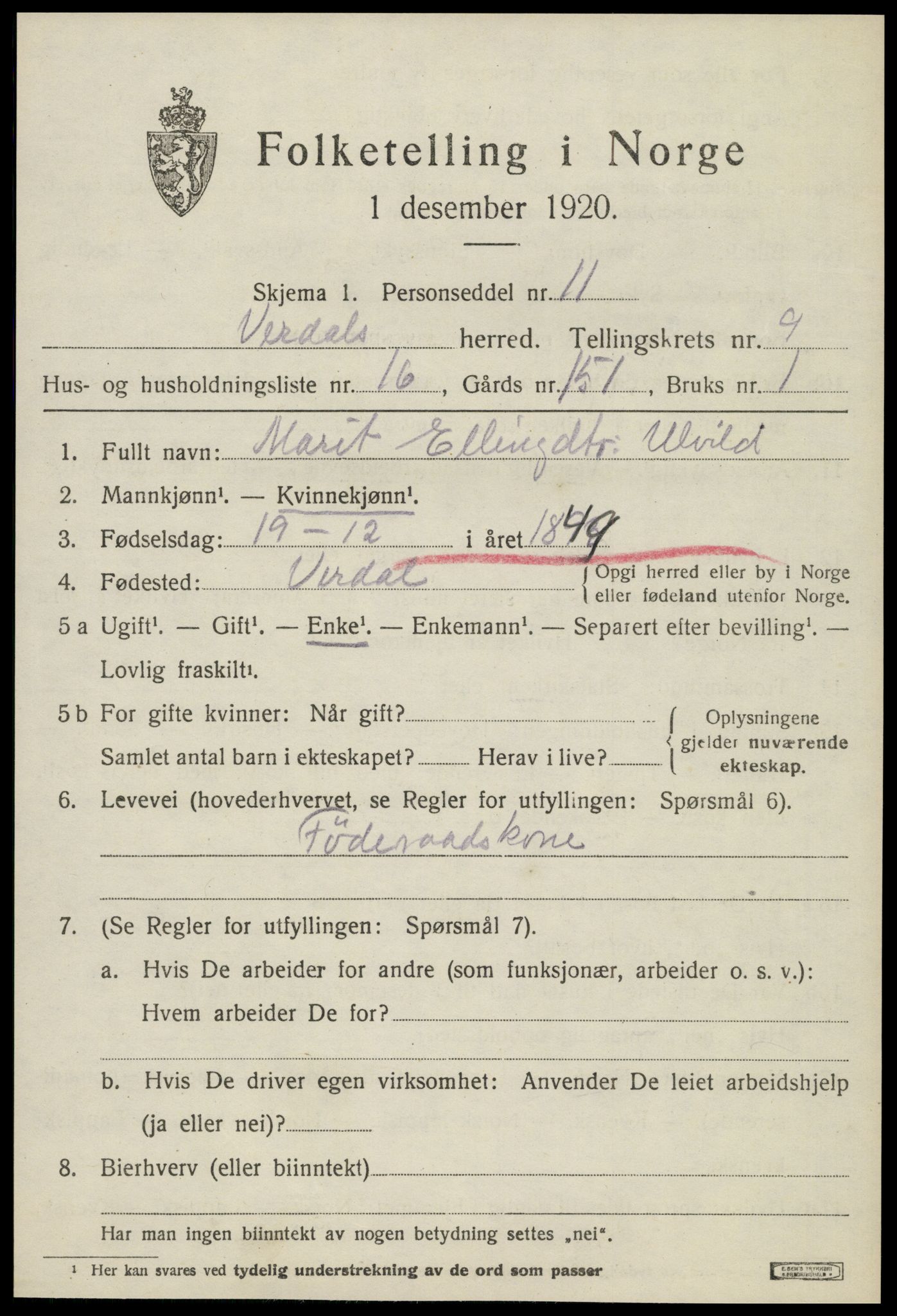 SAT, Folketelling 1920 for 1721 Verdal herred, 1920, s. 11587