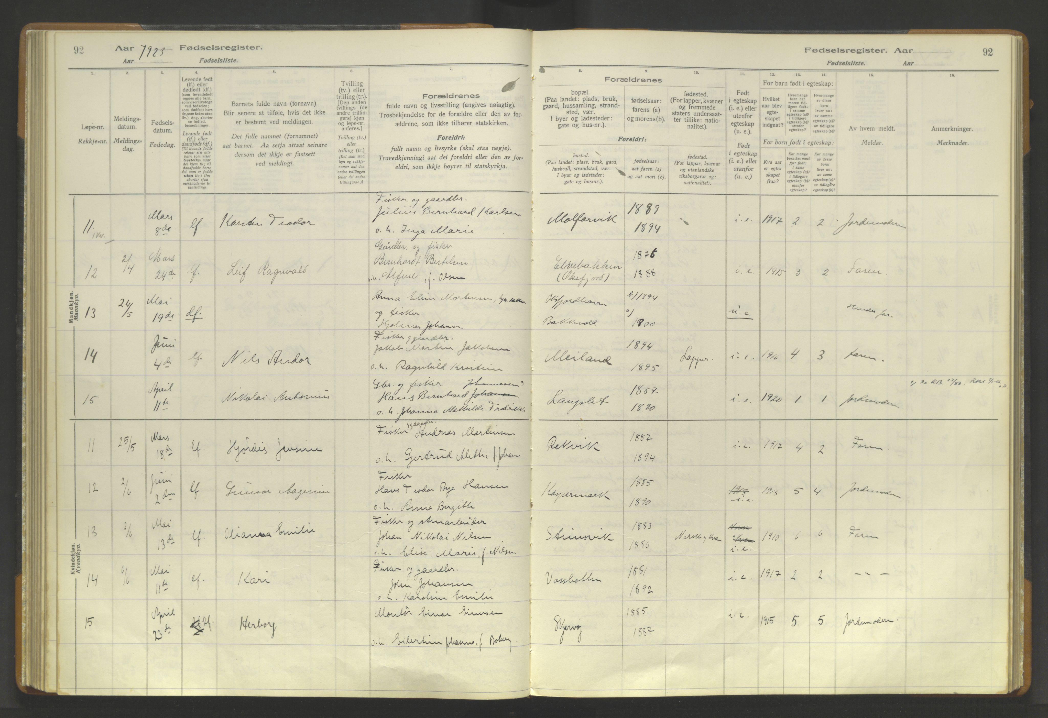 Skjervøy sokneprestkontor, AV/SATØ-S-1300/I/Ia/L0056: Fødselsregister nr. 56, 1916-1932, s. 92