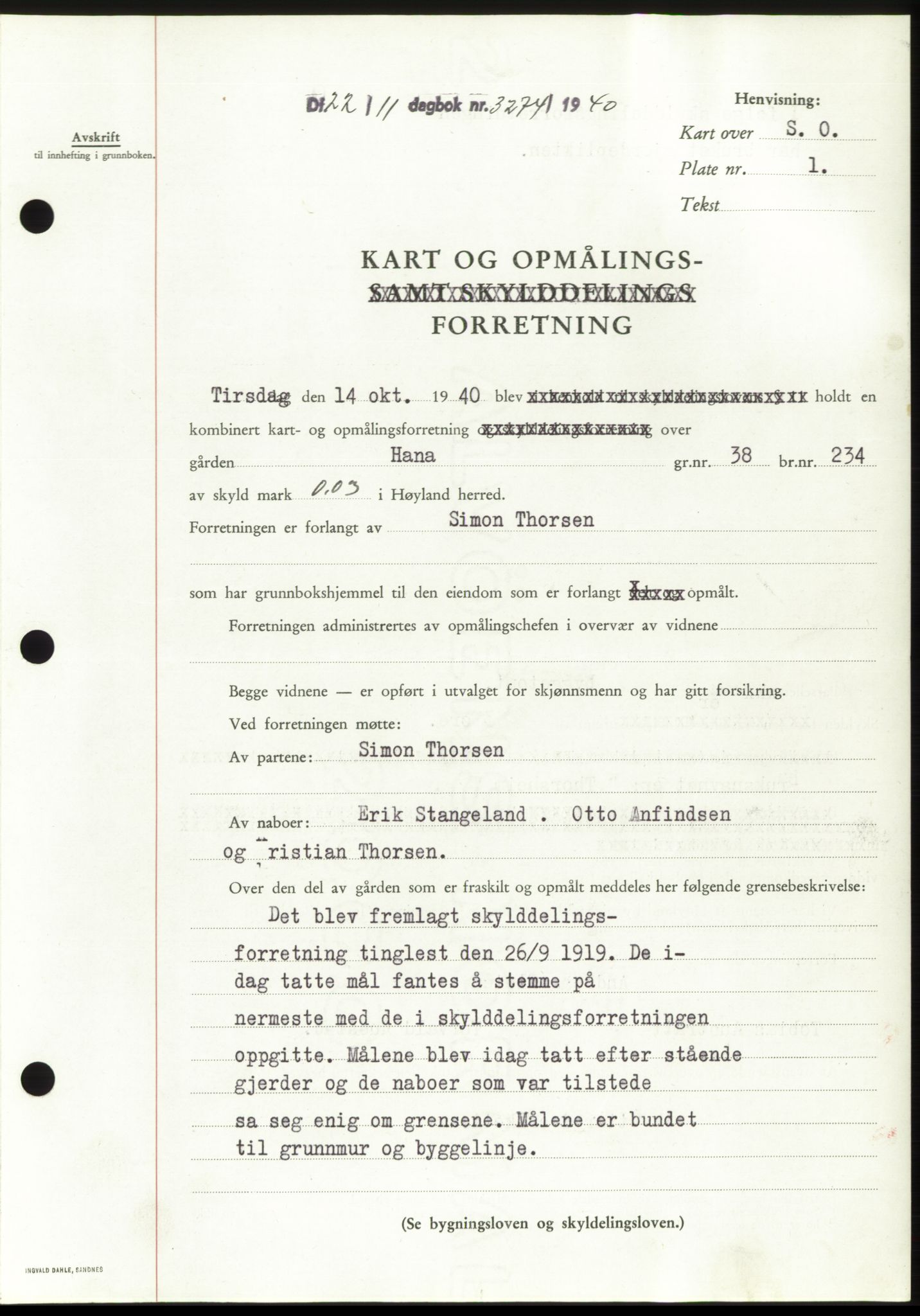 Jæren sorenskriveri, SAST/A-100310/03/G/Gba/L0078: Pantebok, 1940-1940, Dagboknr: 3274/1940