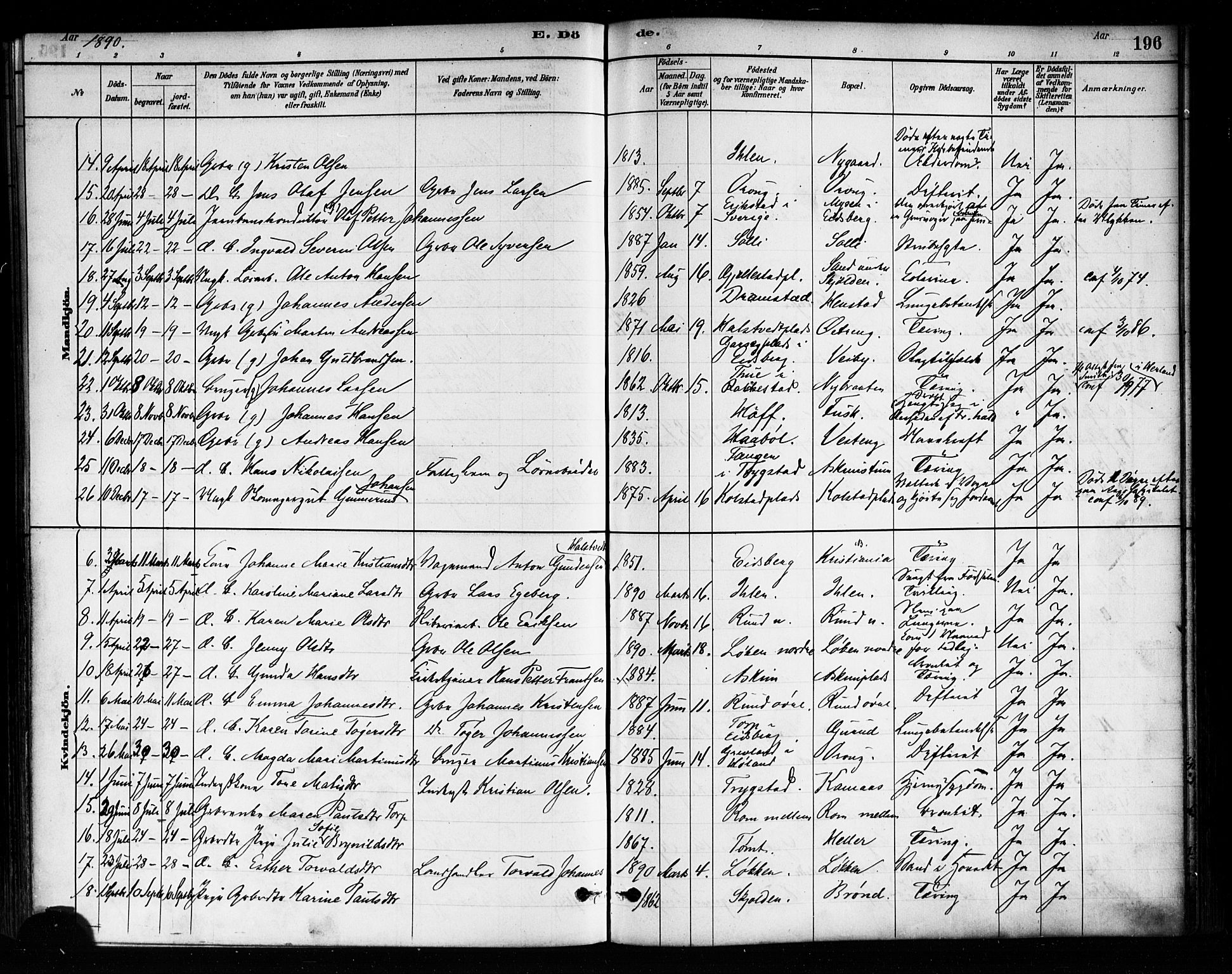 Askim prestekontor Kirkebøker, AV/SAO-A-10900/F/Fa/L0007: Ministerialbok nr. 7, 1882-1897, s. 196