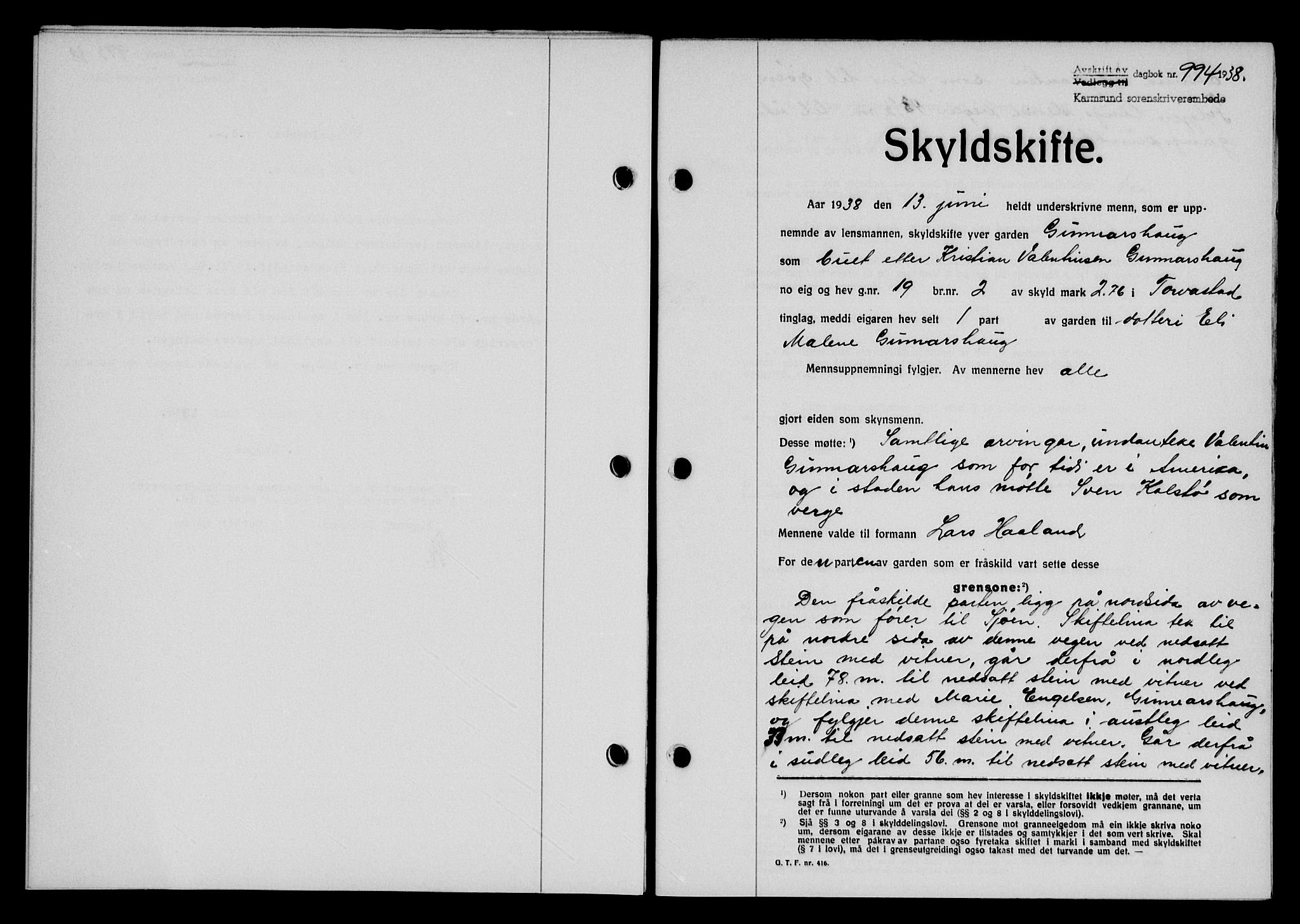 Karmsund sorenskriveri, SAST/A-100311/01/II/IIB/L0069: Pantebok nr. 50A, 1937-1938, Dagboknr: 994/1938