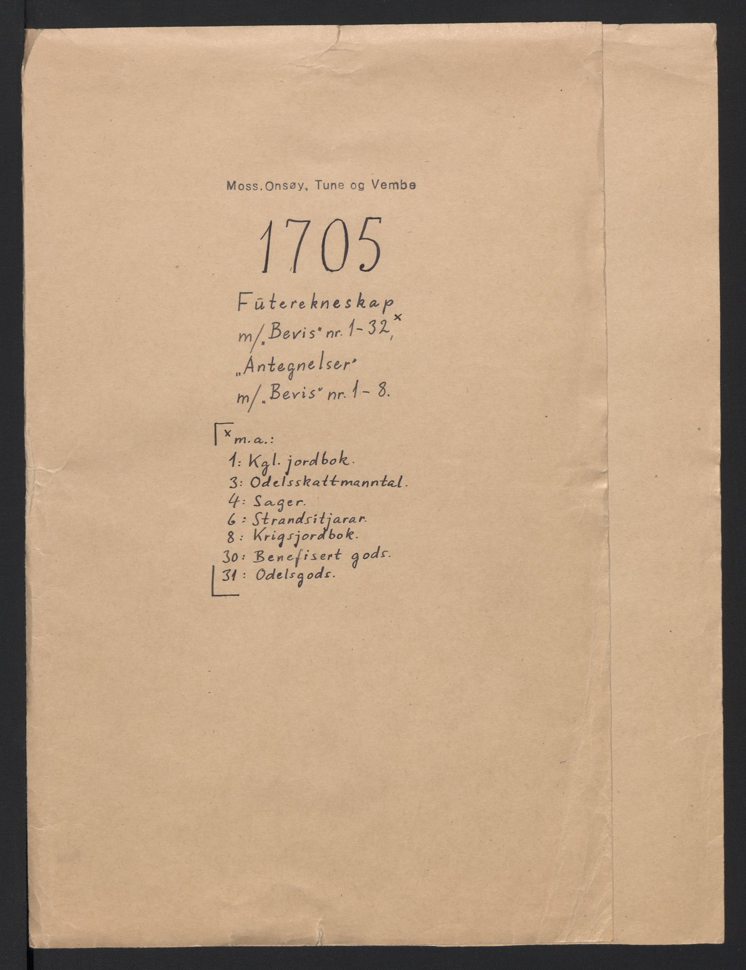 Rentekammeret inntil 1814, Reviderte regnskaper, Fogderegnskap, AV/RA-EA-4092/R04/L0133: Fogderegnskap Moss, Onsøy, Tune, Veme og Åbygge, 1705-1706, s. 2