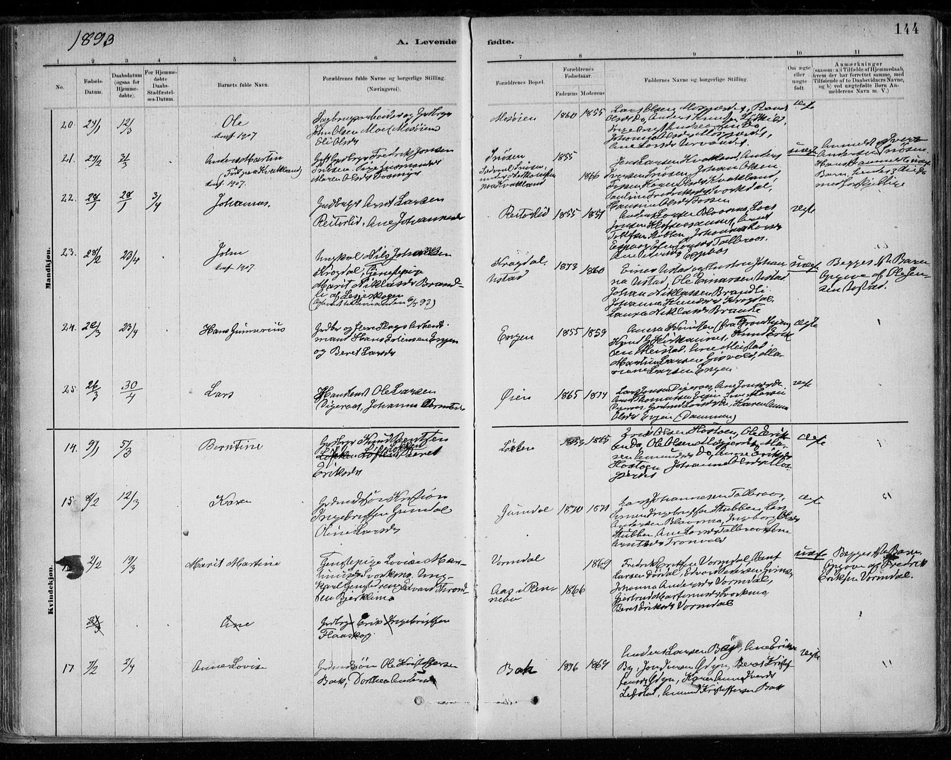 Ministerialprotokoller, klokkerbøker og fødselsregistre - Sør-Trøndelag, SAT/A-1456/668/L0809: Ministerialbok nr. 668A09, 1881-1895, s. 144