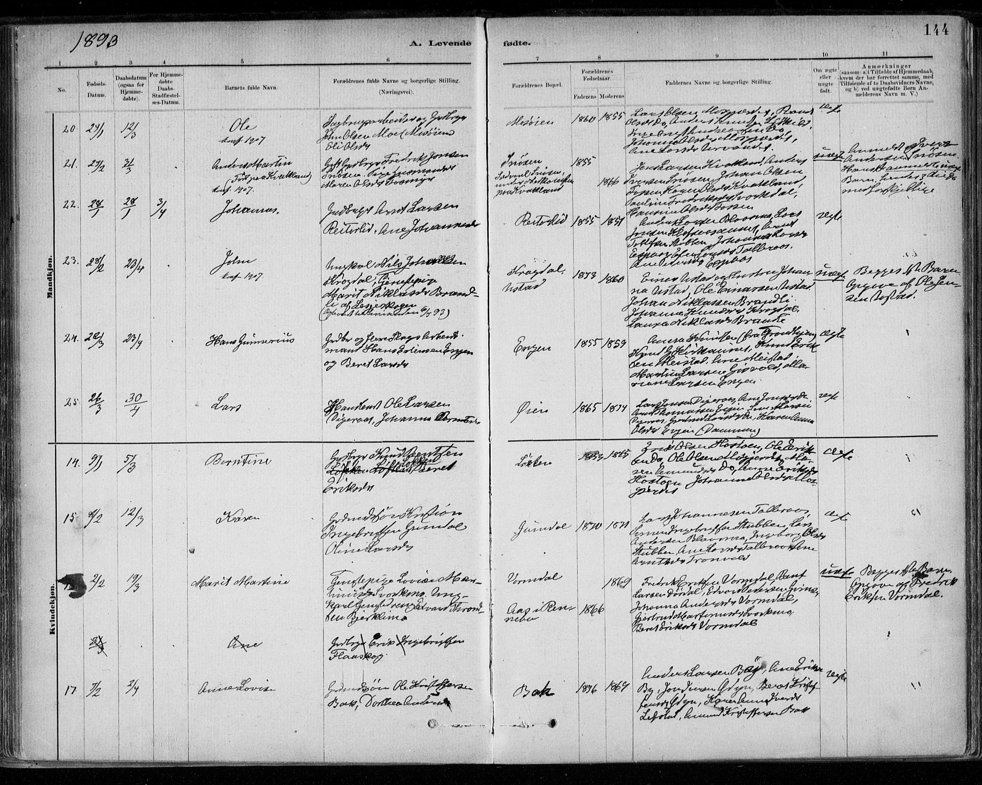 Ministerialprotokoller, klokkerbøker og fødselsregistre - Sør-Trøndelag, AV/SAT-A-1456/668/L0809: Ministerialbok nr. 668A09, 1881-1895, s. 144