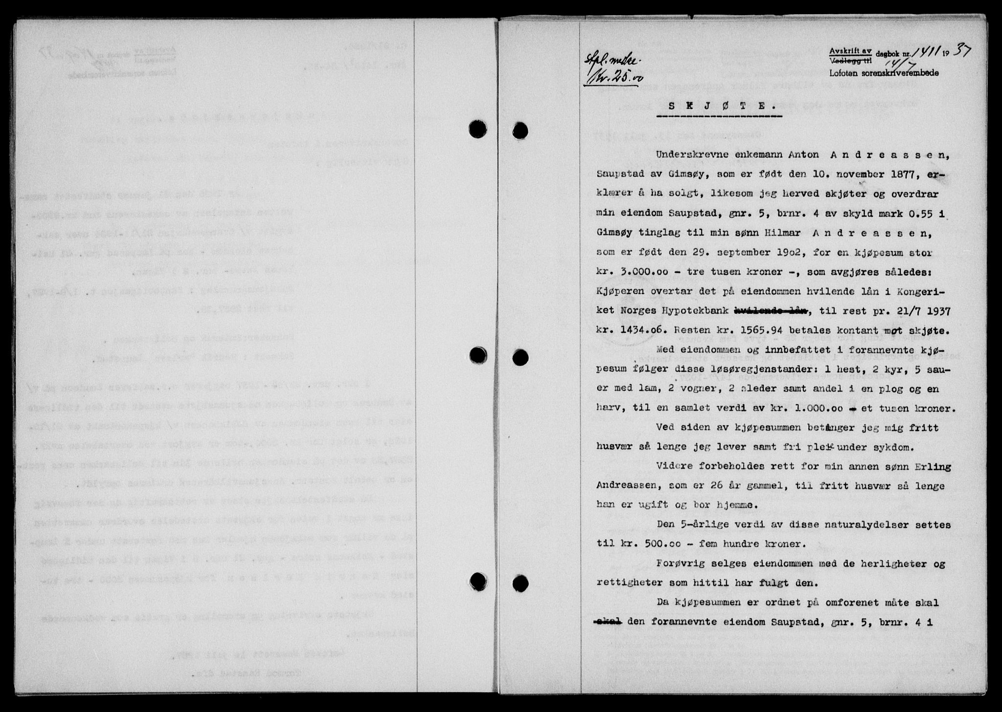 Lofoten sorenskriveri, SAT/A-0017/1/2/2C/L0002a: Pantebok nr. 2a, 1937-1937, Dagboknr: 1411/1937