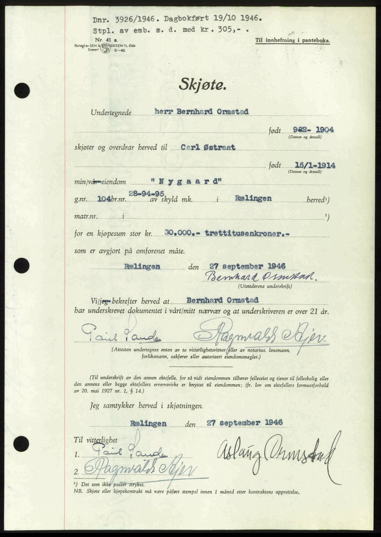 Nedre Romerike sorenskriveri, AV/SAO-A-10469/G/Gb/Gbd/L0017: Pantebok nr. 17, 1946-1946, Dagboknr: 3926/1946