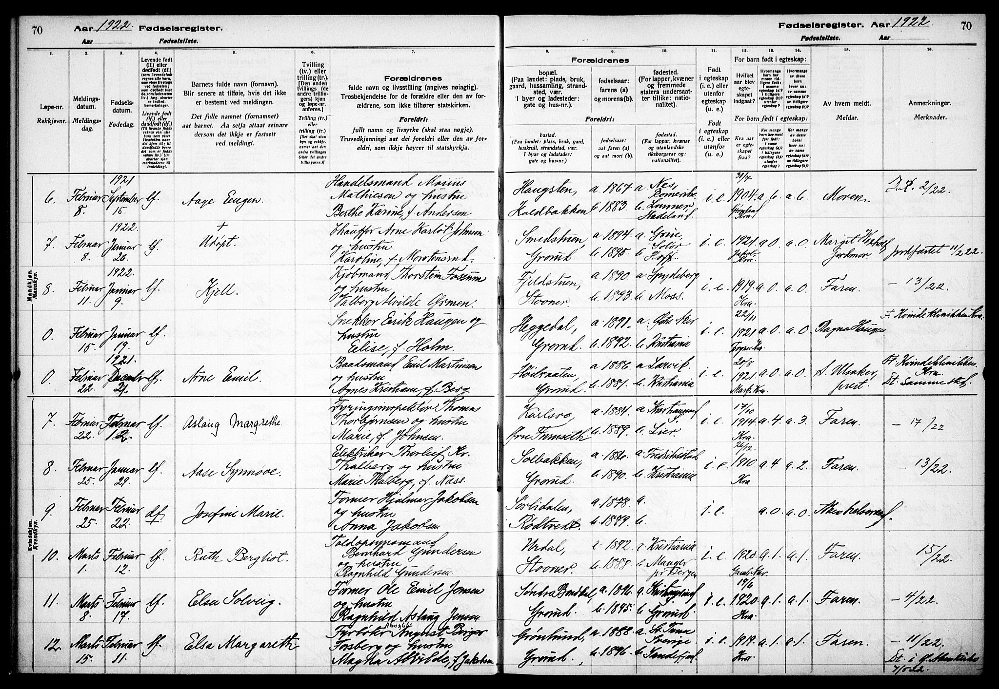 Østre Aker prestekontor Kirkebøker, SAO/A-10840/J/Jb/L0001: Fødselsregister nr. II 1, 1916-1932, s. 70