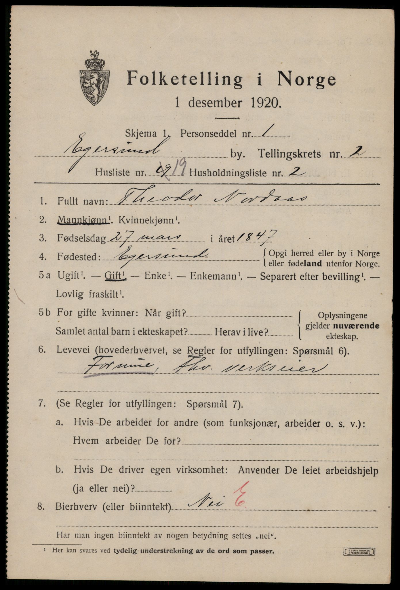 SAST, Folketelling 1920 for 1101 Egersund ladested, 1920, s. 3944