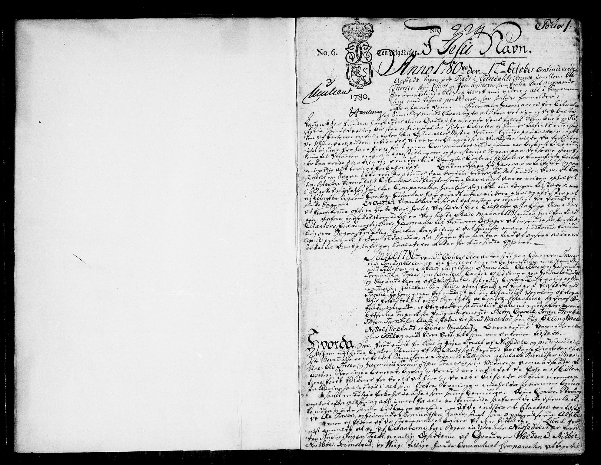 Bamble sorenskriveri, SAKO/A-214/F/Fa/Faa/L0022: Tingbok, 1780-1785, s. 1