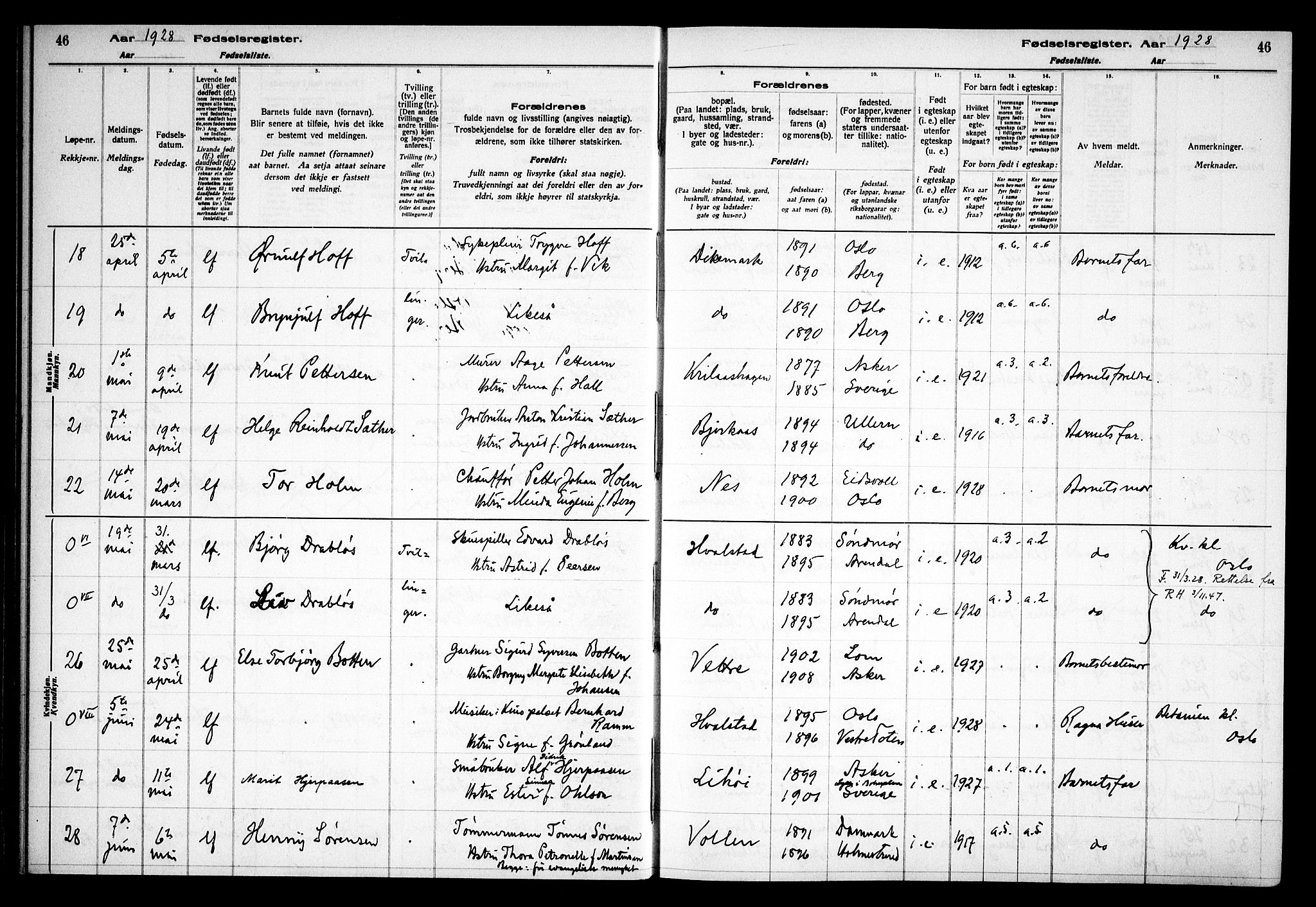 Asker prestekontor Kirkebøker, AV/SAO-A-10256a/J/L0002: Fødselsregister nr. 2, 1925-1938, s. 46