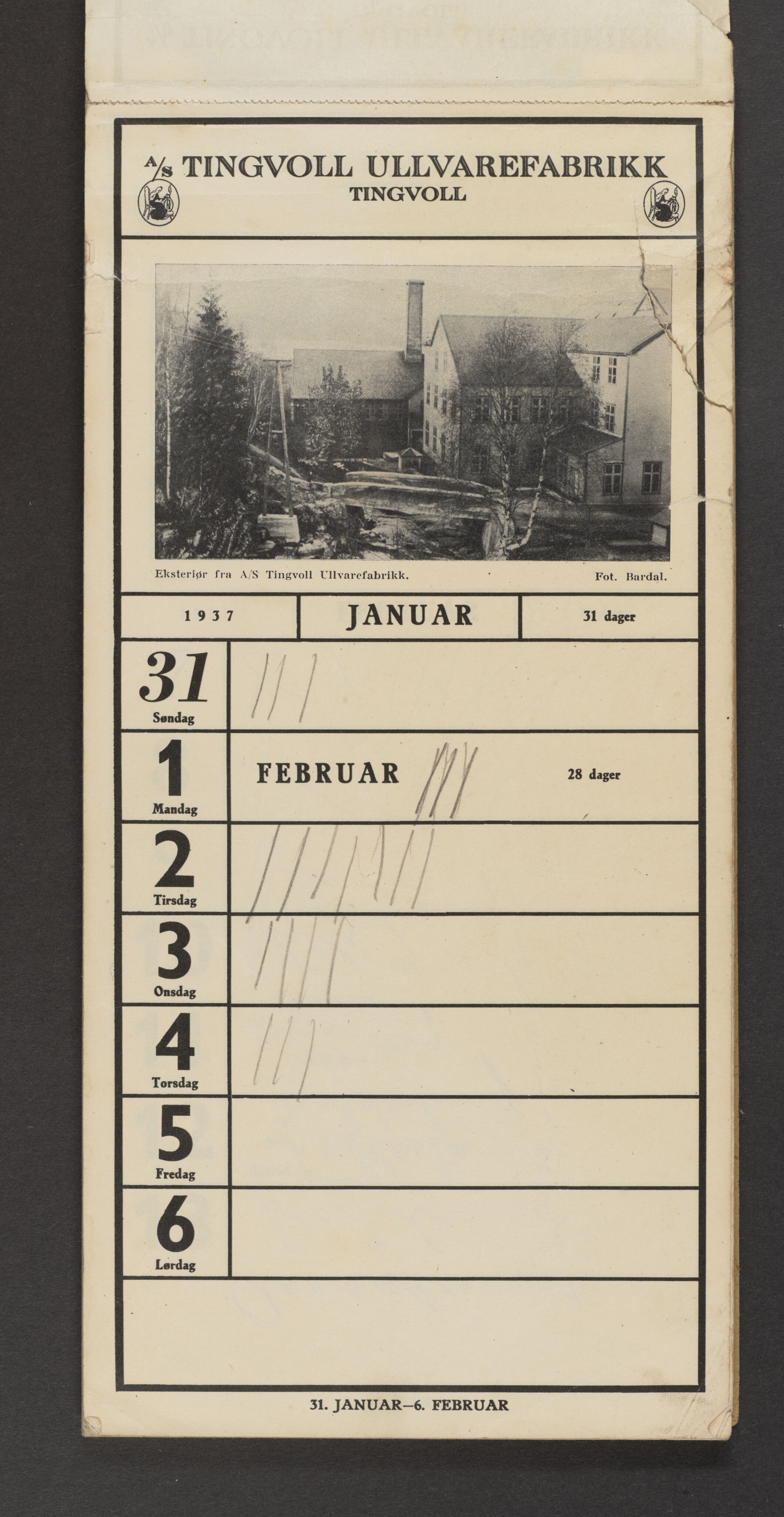 Tingvoll Ullvarefabrikk, IKAM/P-00482/X/Xa/L0002/0004: Egenproduserte trykksaker / Kalender, 1937