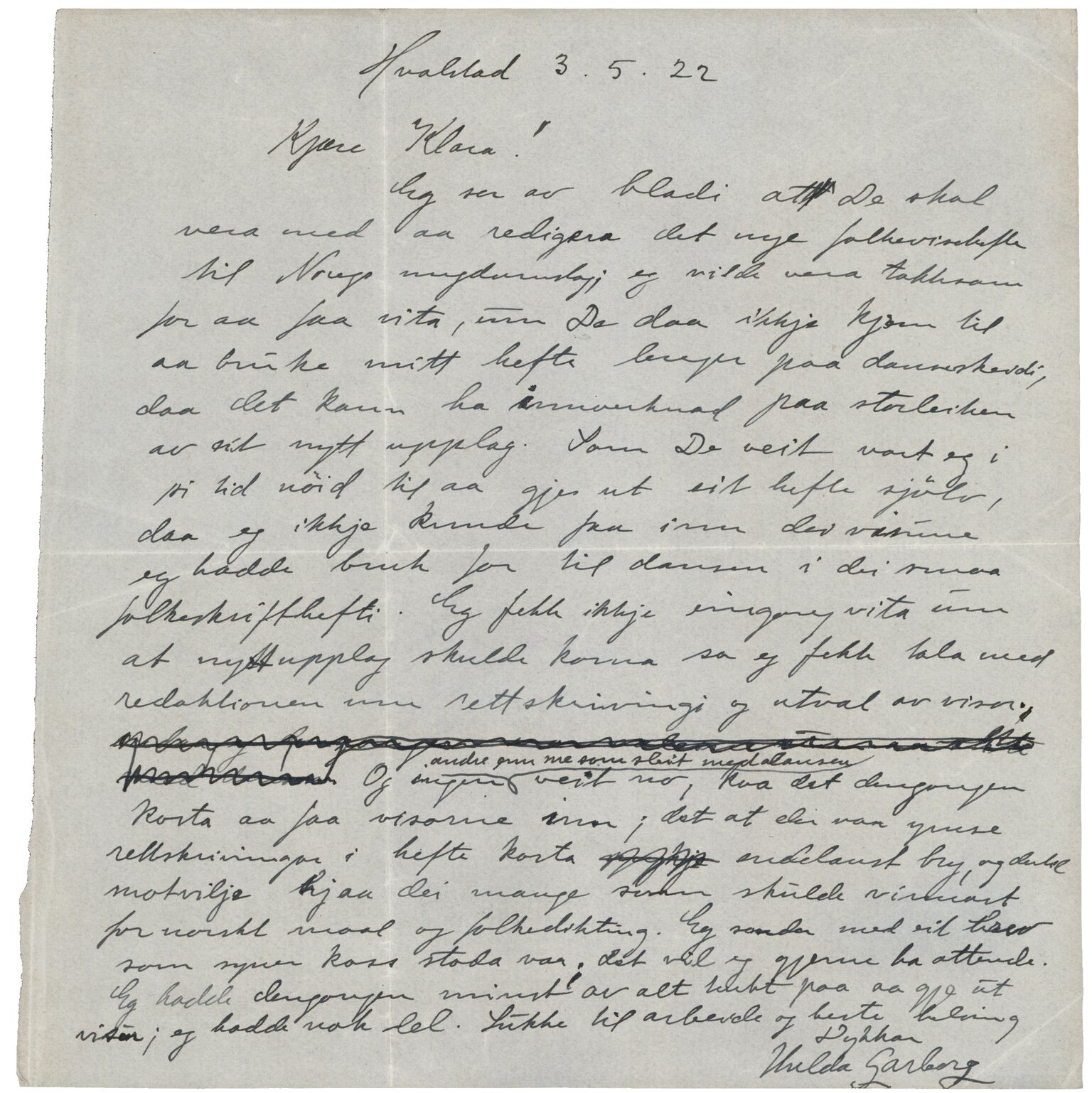 Samling etter Klara Semb, NSFF/KS/C/112: Brev frå Hulda Garborg om Noregs Ungdomslags nye folkevisehefte, 1922