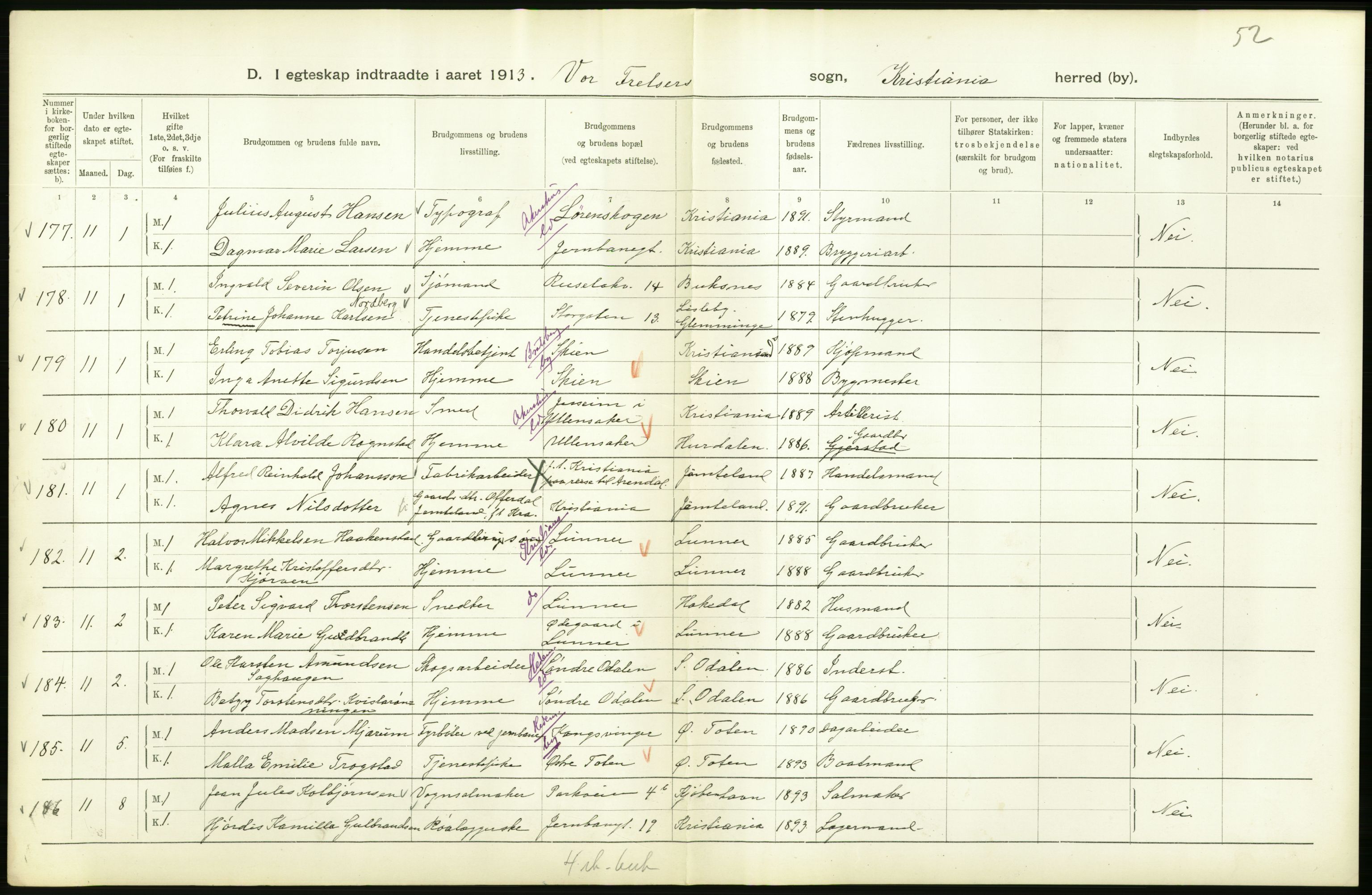 Statistisk sentralbyrå, Sosiodemografiske emner, Befolkning, AV/RA-S-2228/D/Df/Dfb/Dfbc/L0008: Kristiania: Gifte., 1913, s. 782