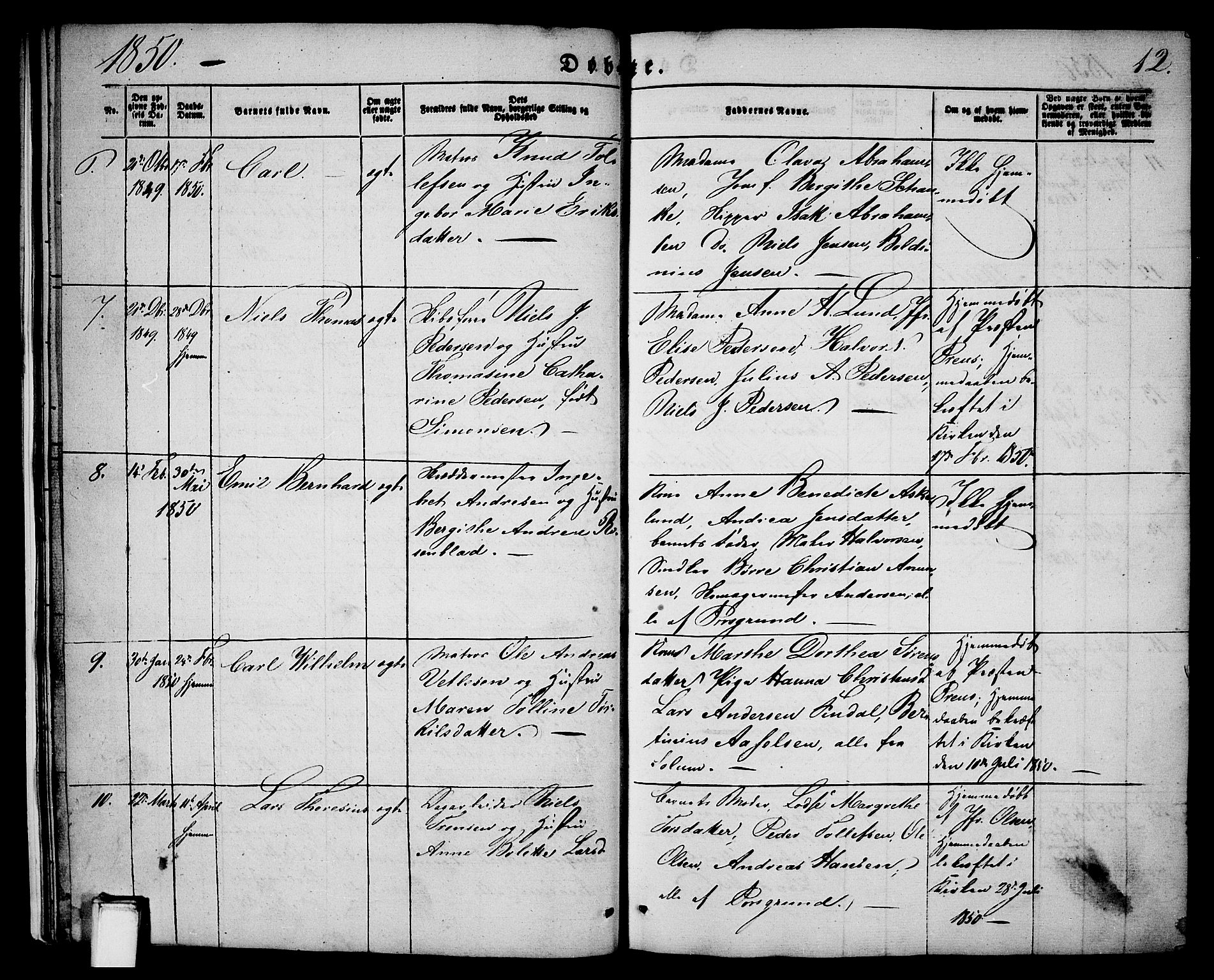 Porsgrunn kirkebøker , AV/SAKO-A-104/G/Ga/L0002: Klokkerbok nr. I 2, 1847-1877, s. 12