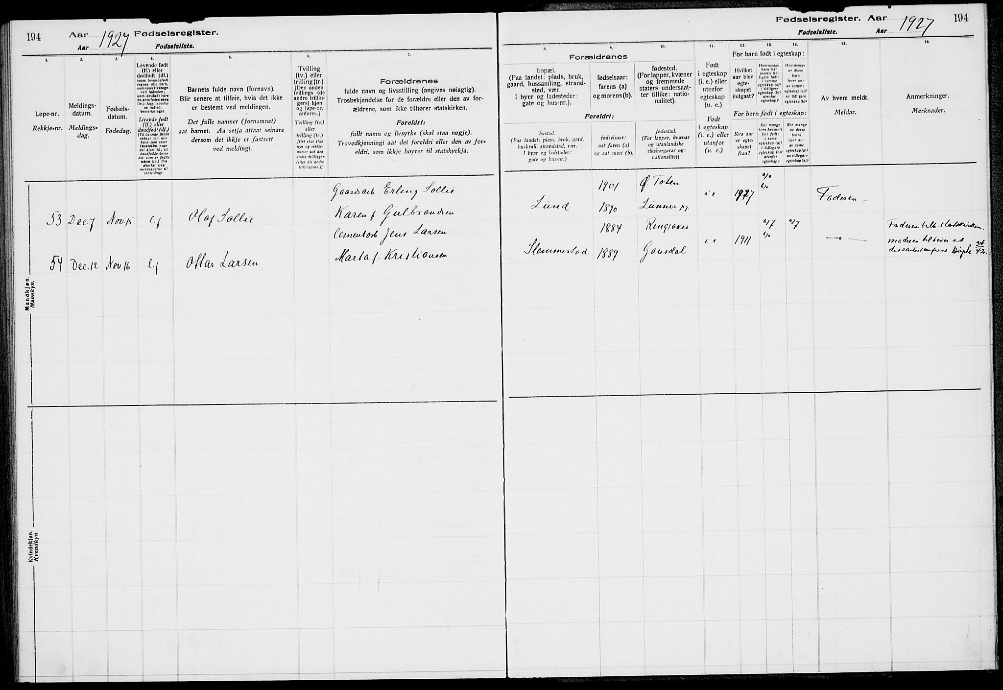 Røyken kirkebøker, AV/SAKO-A-241/J/Ja/L0001: Fødselsregister nr. 1, 1916-1927, s. 194