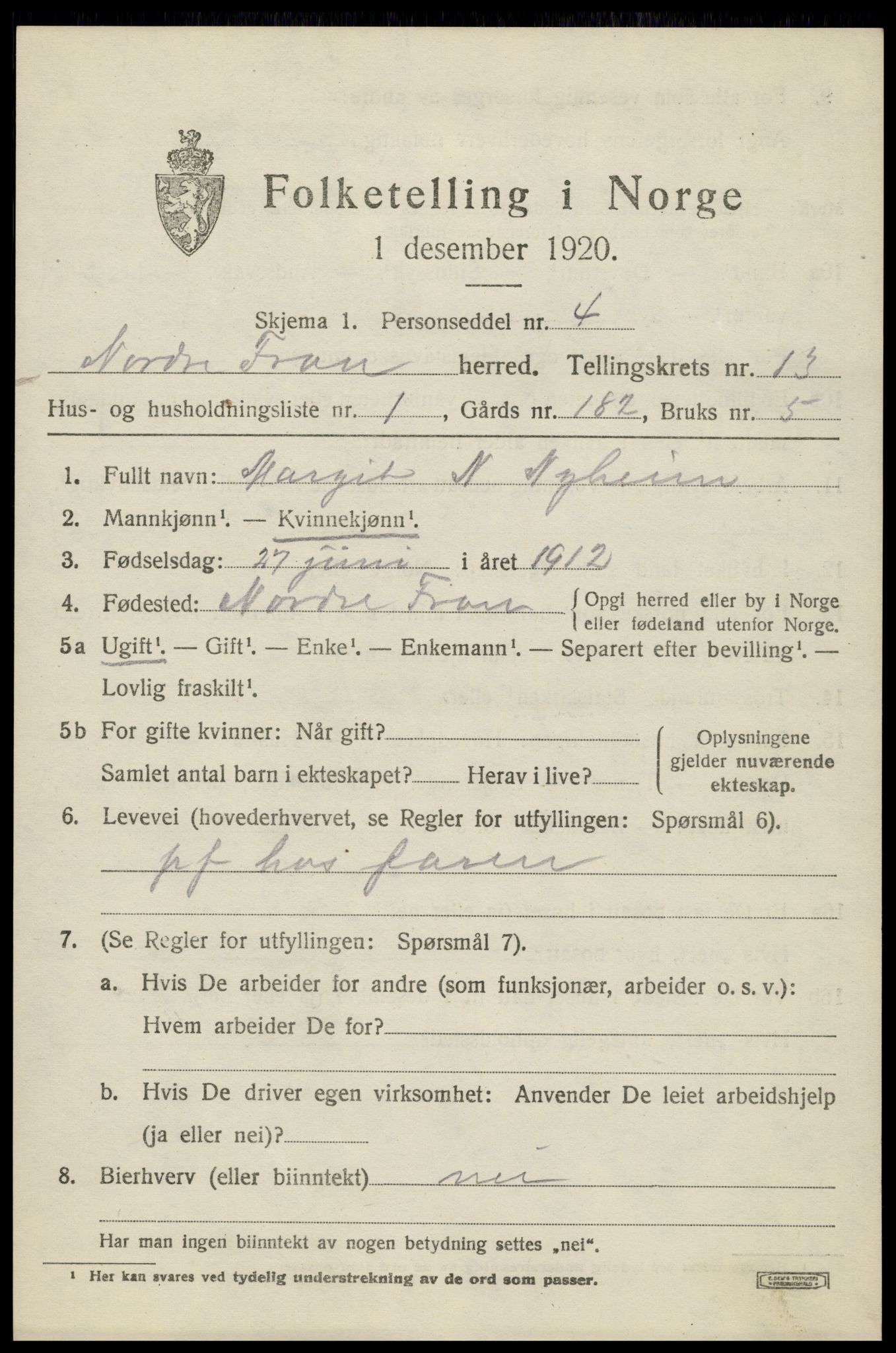 SAH, Folketelling 1920 for 0518 Nord-Fron herred, 1920, s. 10314