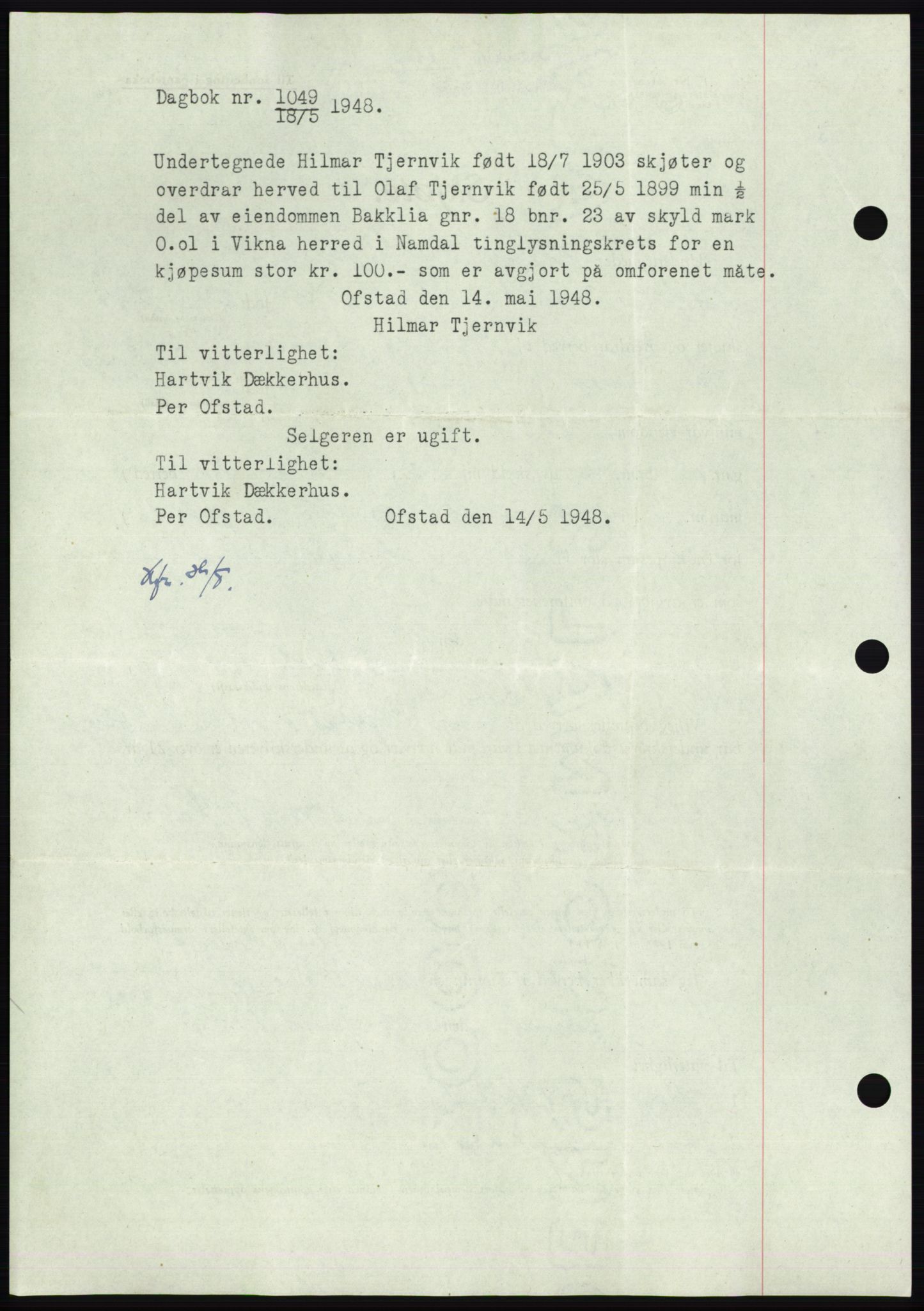 Namdal sorenskriveri, SAT/A-4133/1/2/2C: Pantebok nr. -, 1947-1947, Dagboknr: 1049/1947