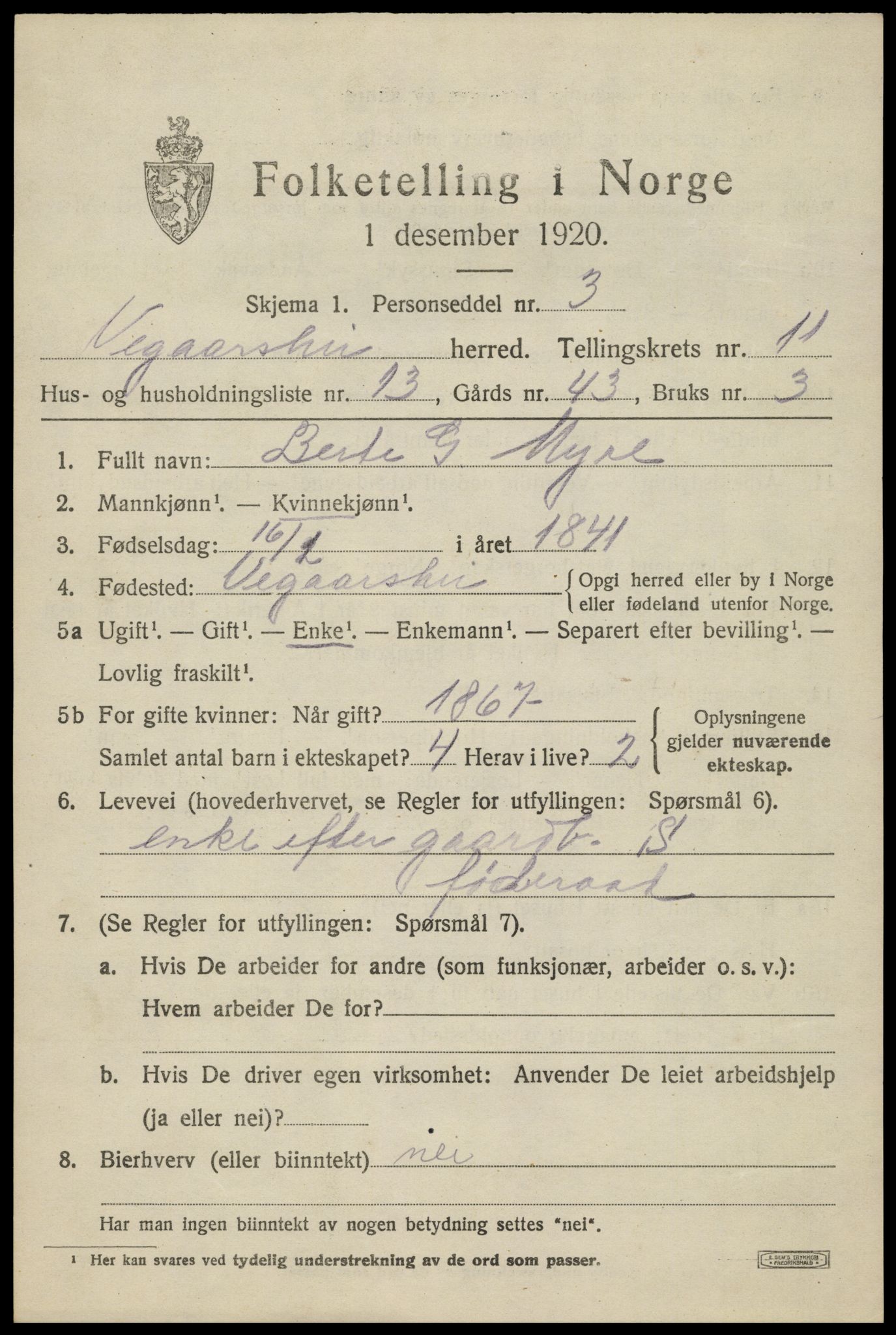 SAK, Folketelling 1920 for 0912 Vegårshei herred, 1920, s. 3588