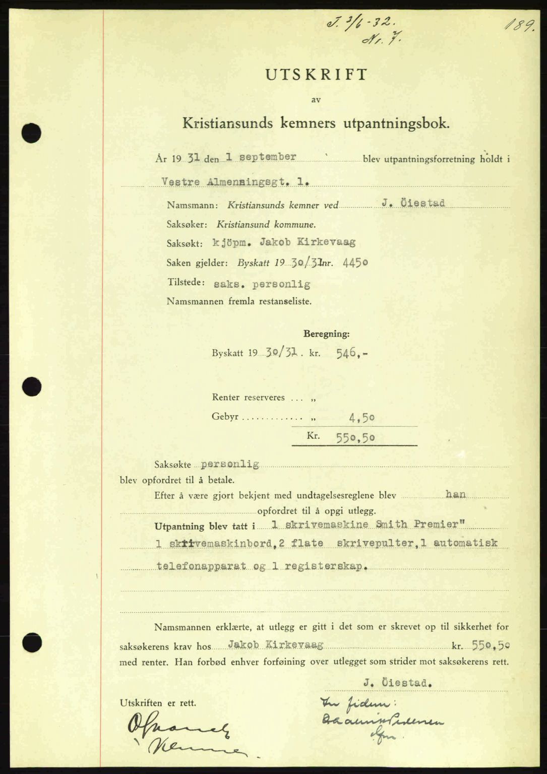 Kristiansund byfogd, AV/SAT-A-4587/A/27: Pantebok nr. 26, 1931-1933, Tingl.dato: 03.06.1932