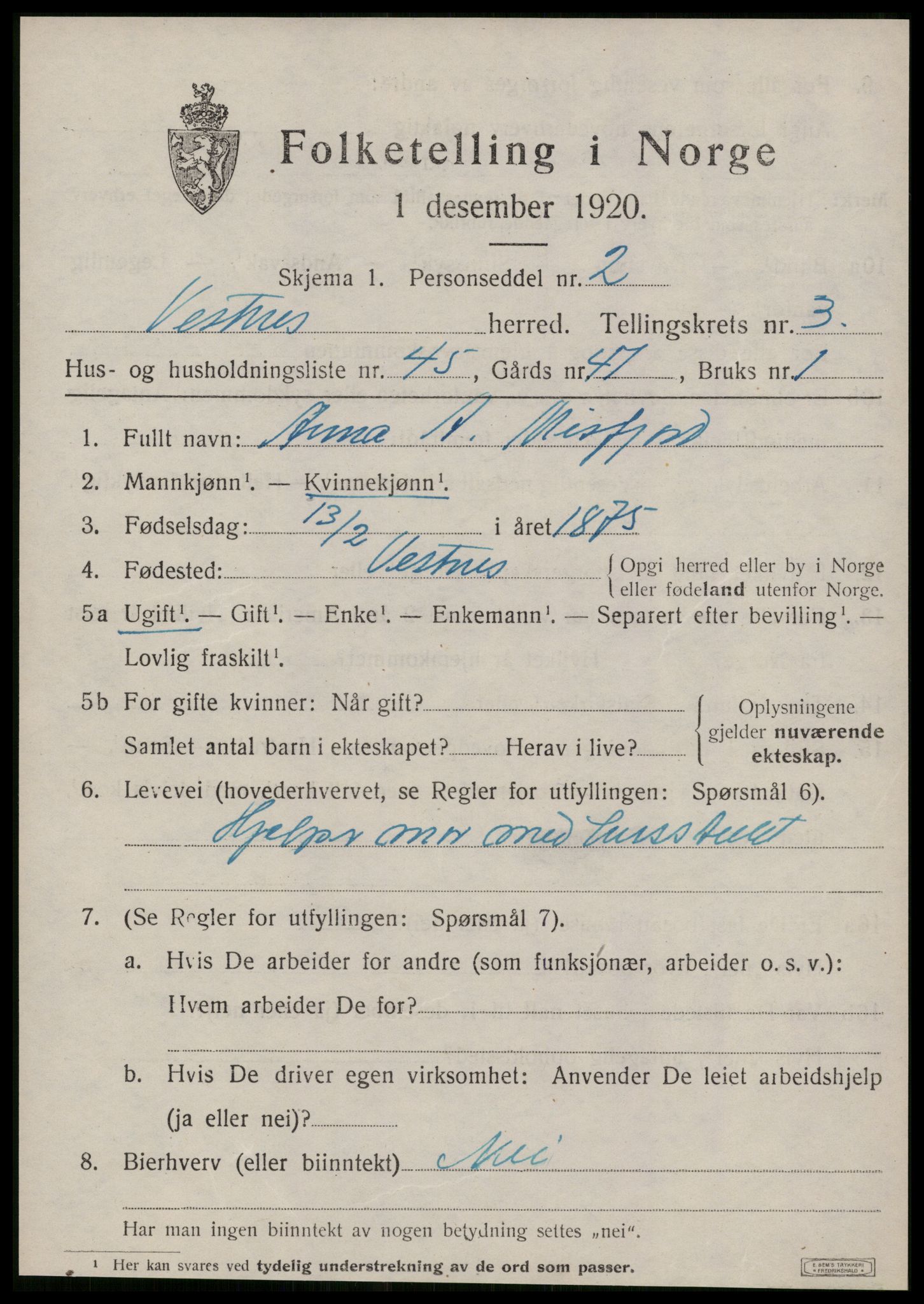 SAT, Folketelling 1920 for 1535 Vestnes herred, 1920, s. 3137