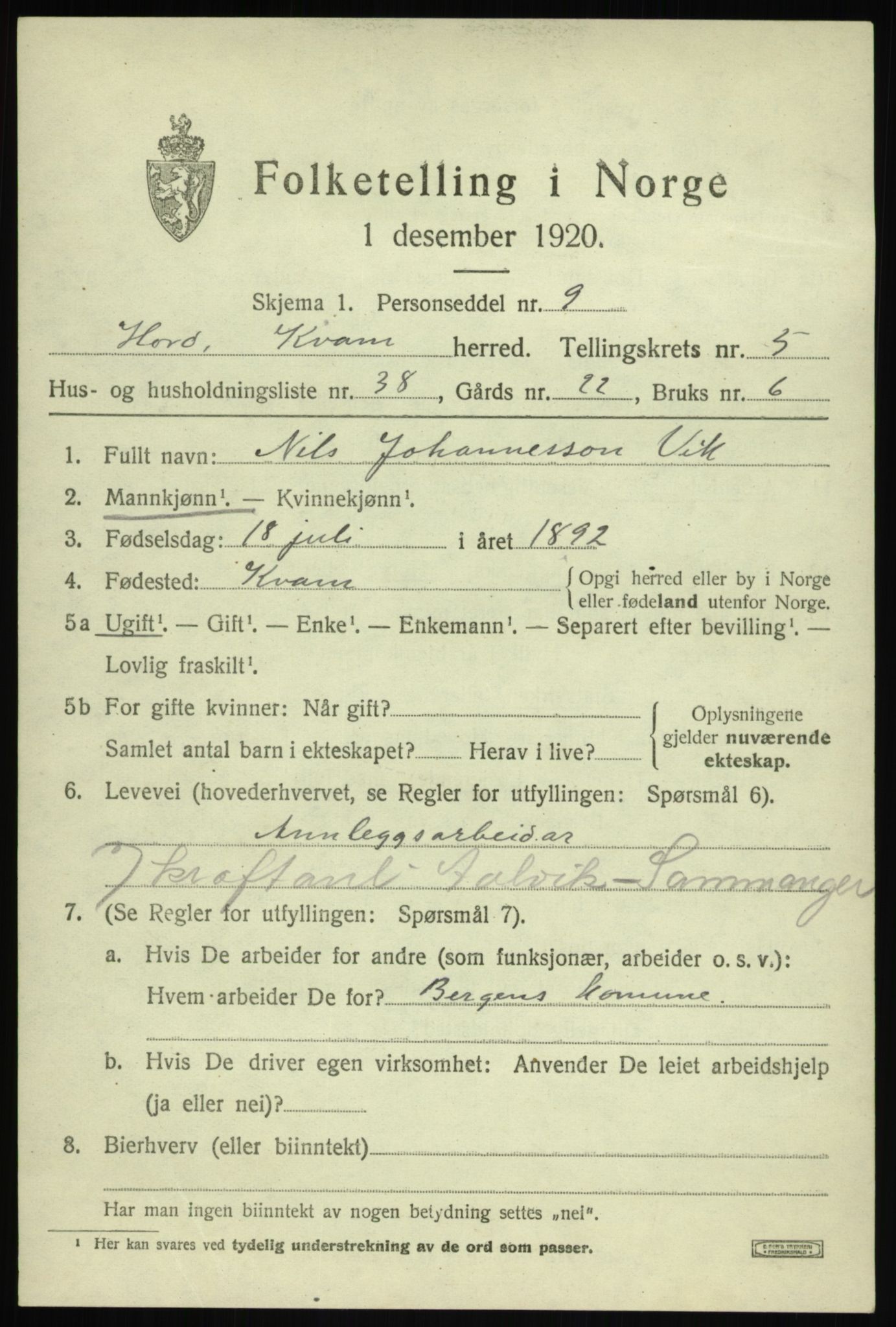 SAB, Folketelling 1920 for 1238 Kvam herred, 1920, s. 4209