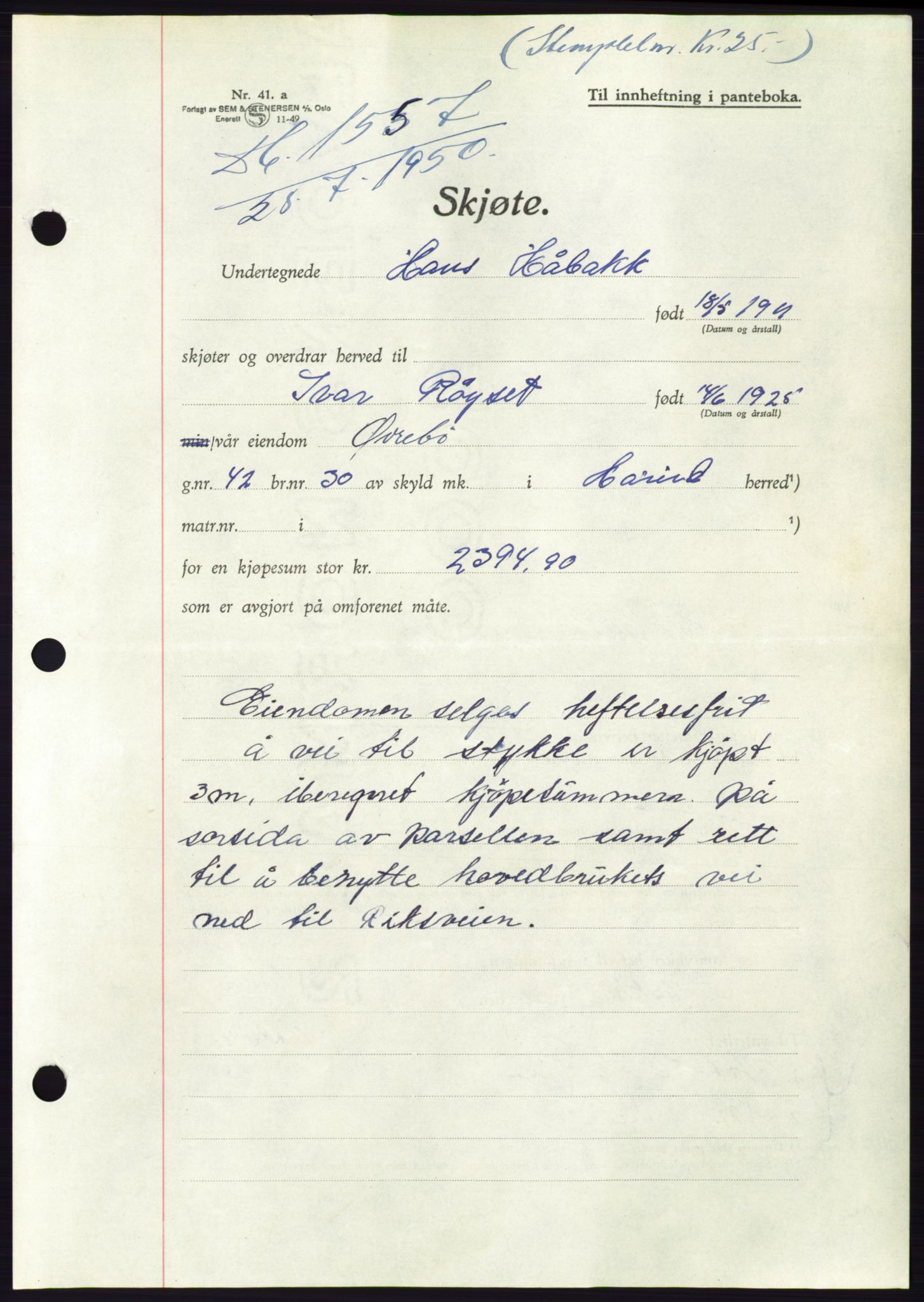 Søre Sunnmøre sorenskriveri, AV/SAT-A-4122/1/2/2C/L0087: Pantebok nr. 13A, 1950-1950, Dagboknr: 1557/1950