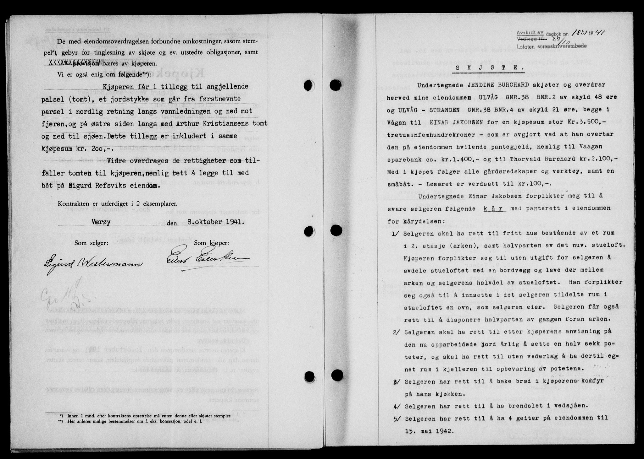 Lofoten sorenskriveri, SAT/A-0017/1/2/2C/L0009a: Pantebok nr. 9a, 1941-1942, Dagboknr: 1831/1941