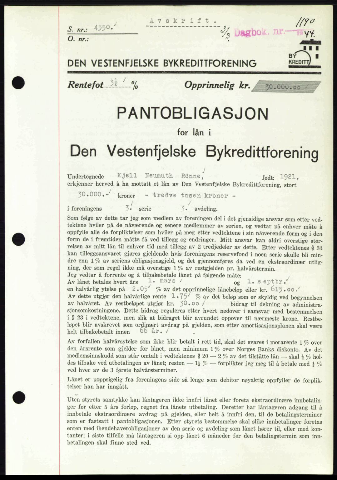 Byfogd og Byskriver i Bergen, SAB/A-3401/03/03Bd/L0001: Pantebok nr. B1-25, 1936-1945, Dagboknr: 1190/1944