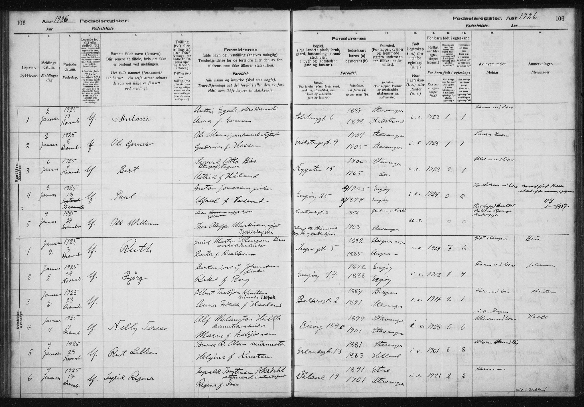 St. Petri sokneprestkontor, AV/SAST-A-101813/002/A/L0002: Fødselsregister nr. 2, 1922-1929, s. 106