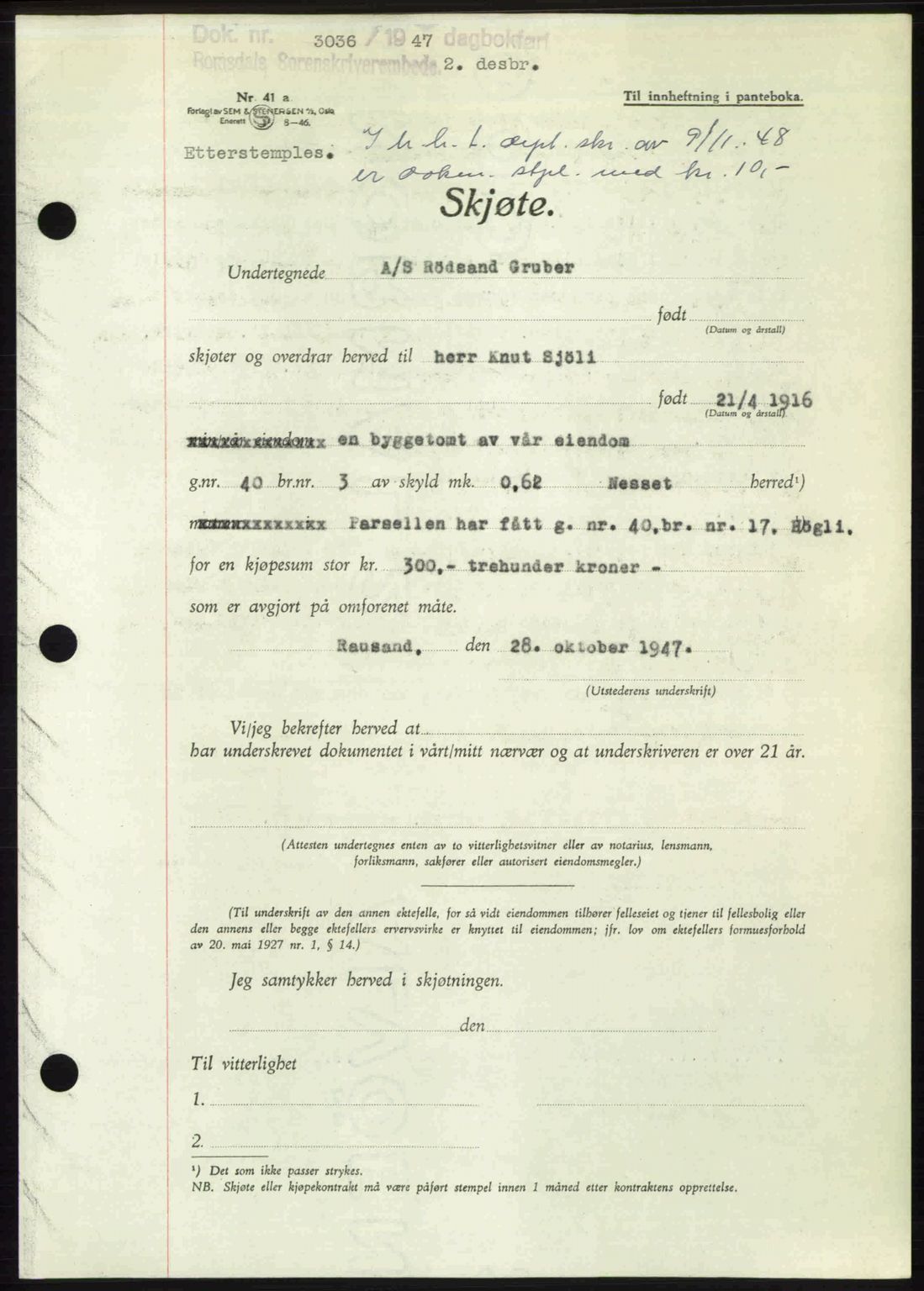 Romsdal sorenskriveri, AV/SAT-A-4149/1/2/2C: Pantebok nr. A24, 1947-1947, Dagboknr: 3036/1947