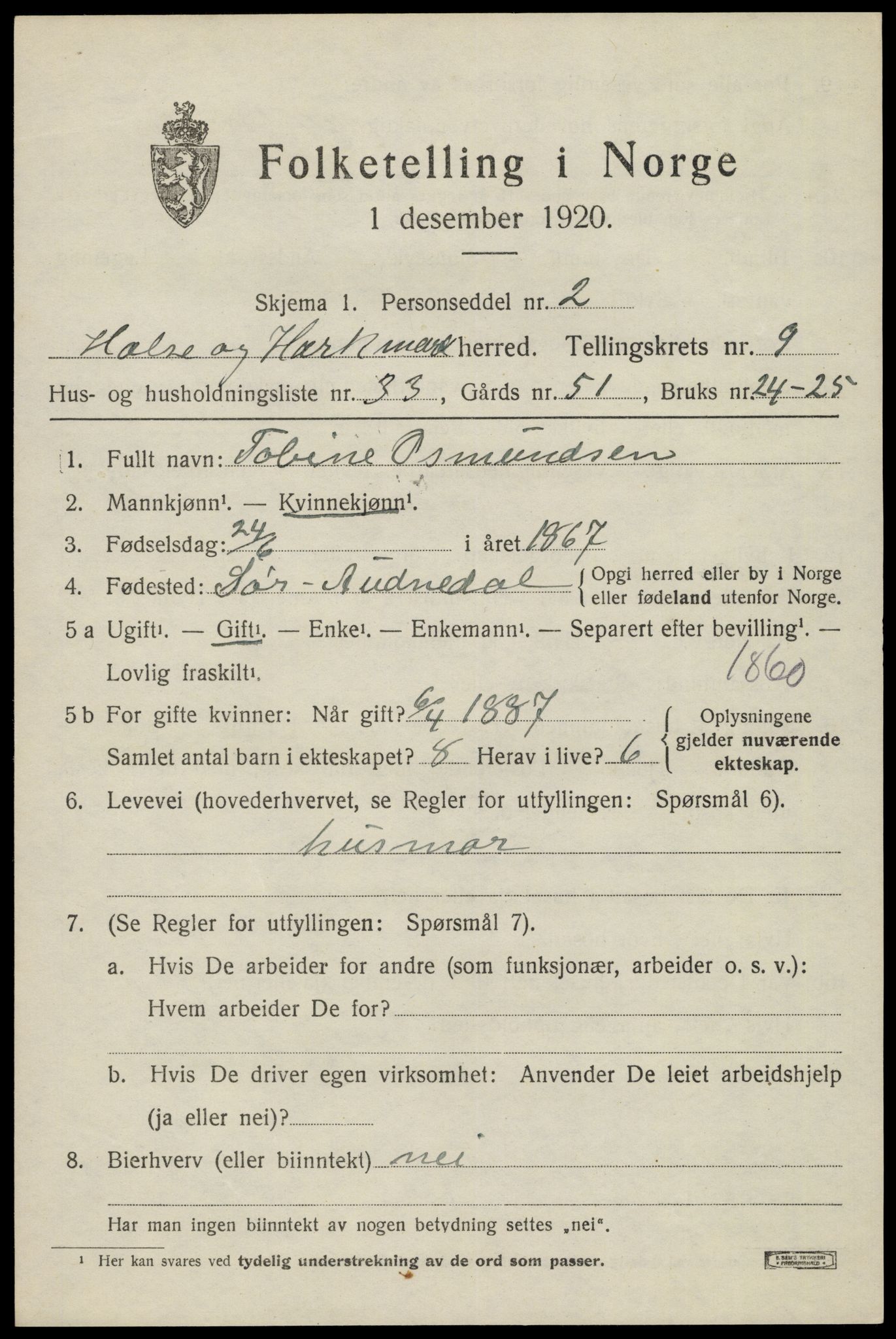 SAK, Folketelling 1920 for 1019 Halse og Harkmark herred, 1920, s. 4847